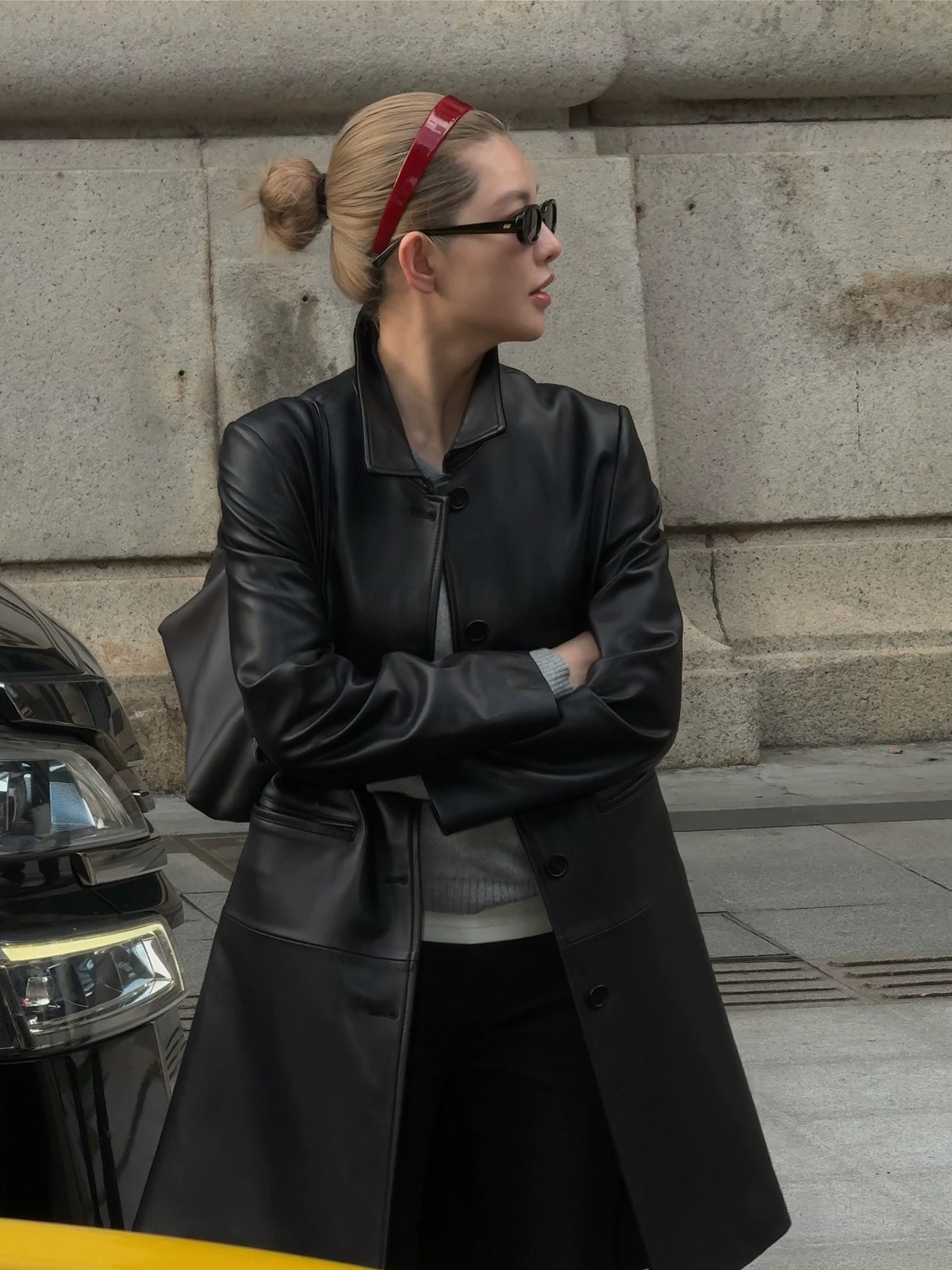 THESOONG / Very Cool Spain Imported Classic Texture Mid-Length No-Pad Shoulder Leather Jacket for Women 9117