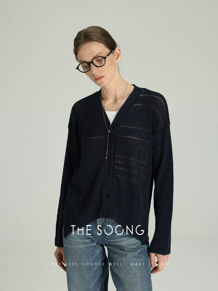 THESOONG/Leisure Time, Lyocell Hollow Ribbed V-Neck Dropped Shoulder Cardigan Jacket 6487
