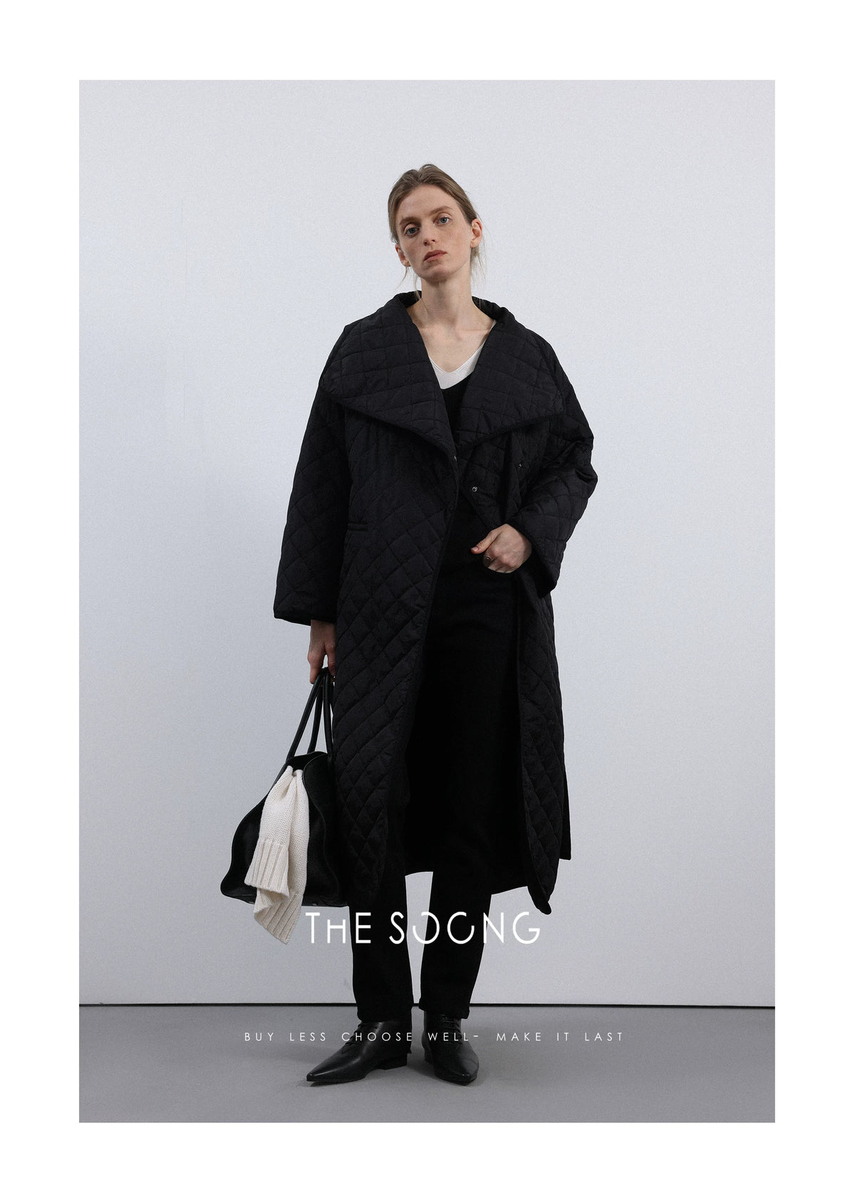 [Clearance] TT Home Minimalist Linear Classic Quilted Cotton Jacket Autumn/Winter Warm Versatile Black Long Coat