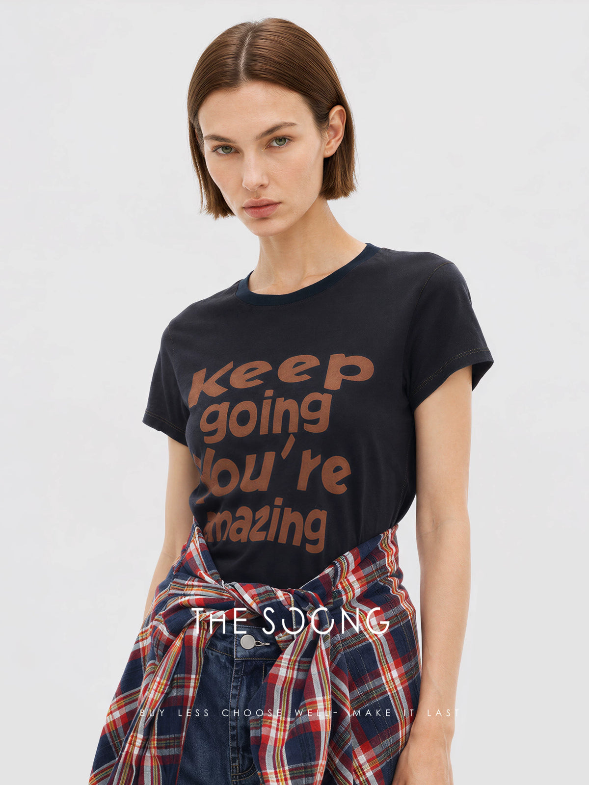 THESOONG/Relaxed Statement Cotton-linen blend color-contrast topstitched short round-neck T-shirt 8807