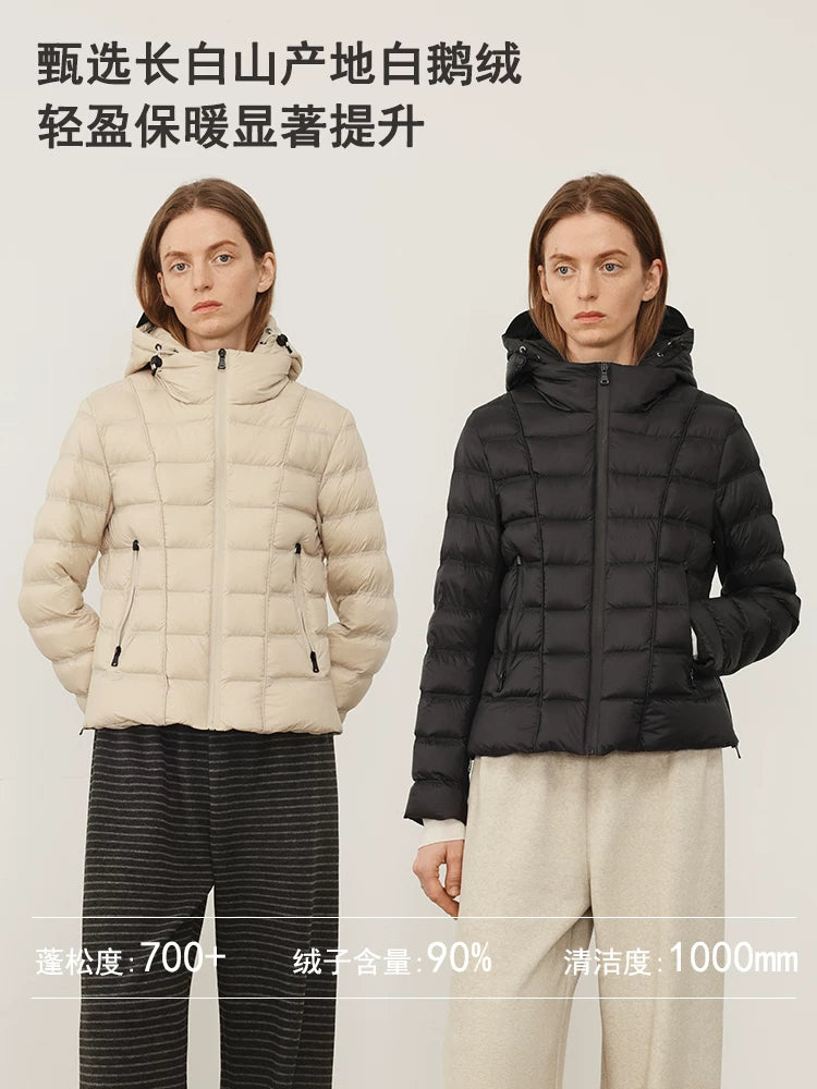 THESOONG/slim-waist 90% white goose down jacket for women, lightweight warm fitted waist rib short jacket
