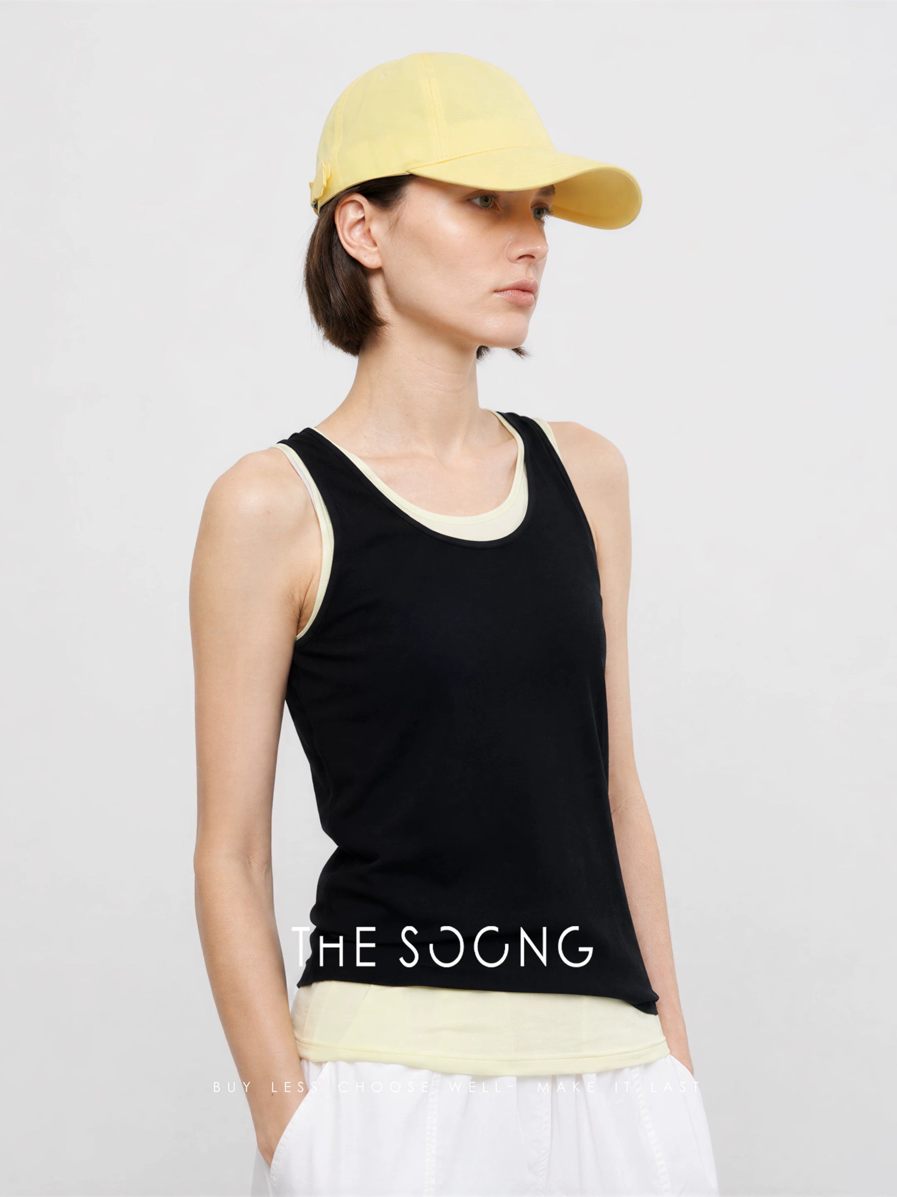 THESOONG/Layering Aesthetic 100% Pima Cotton Stiff Contrast True Two-Piece Sleeveless Vest Top for Women 8344