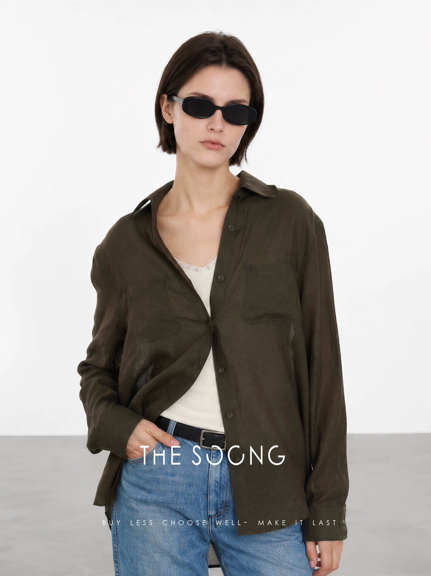 THESOONG/Lyocell Ramie Shirt for Women, Summer Olive Green Loose Long Sleeve Breathable Commuter Top 9406