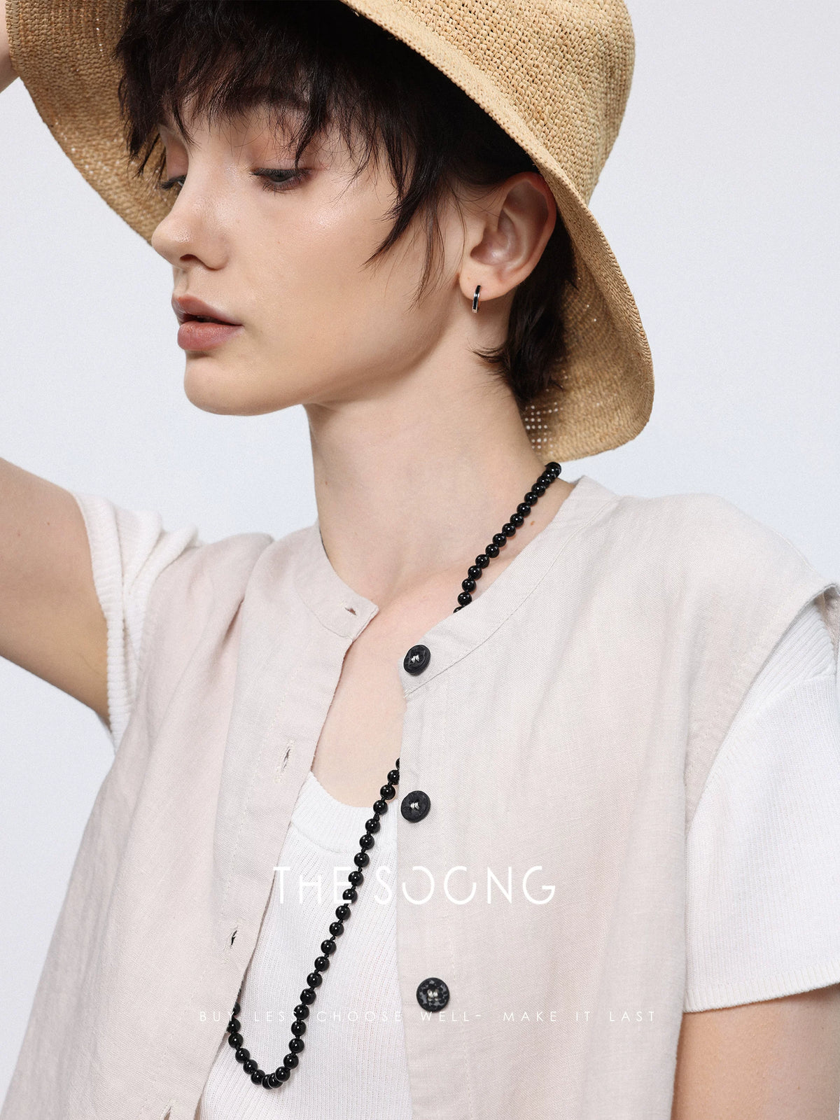 THESOONG/ Natural raffia summer sun hat purely handwoven retro holiday-style bucket hat