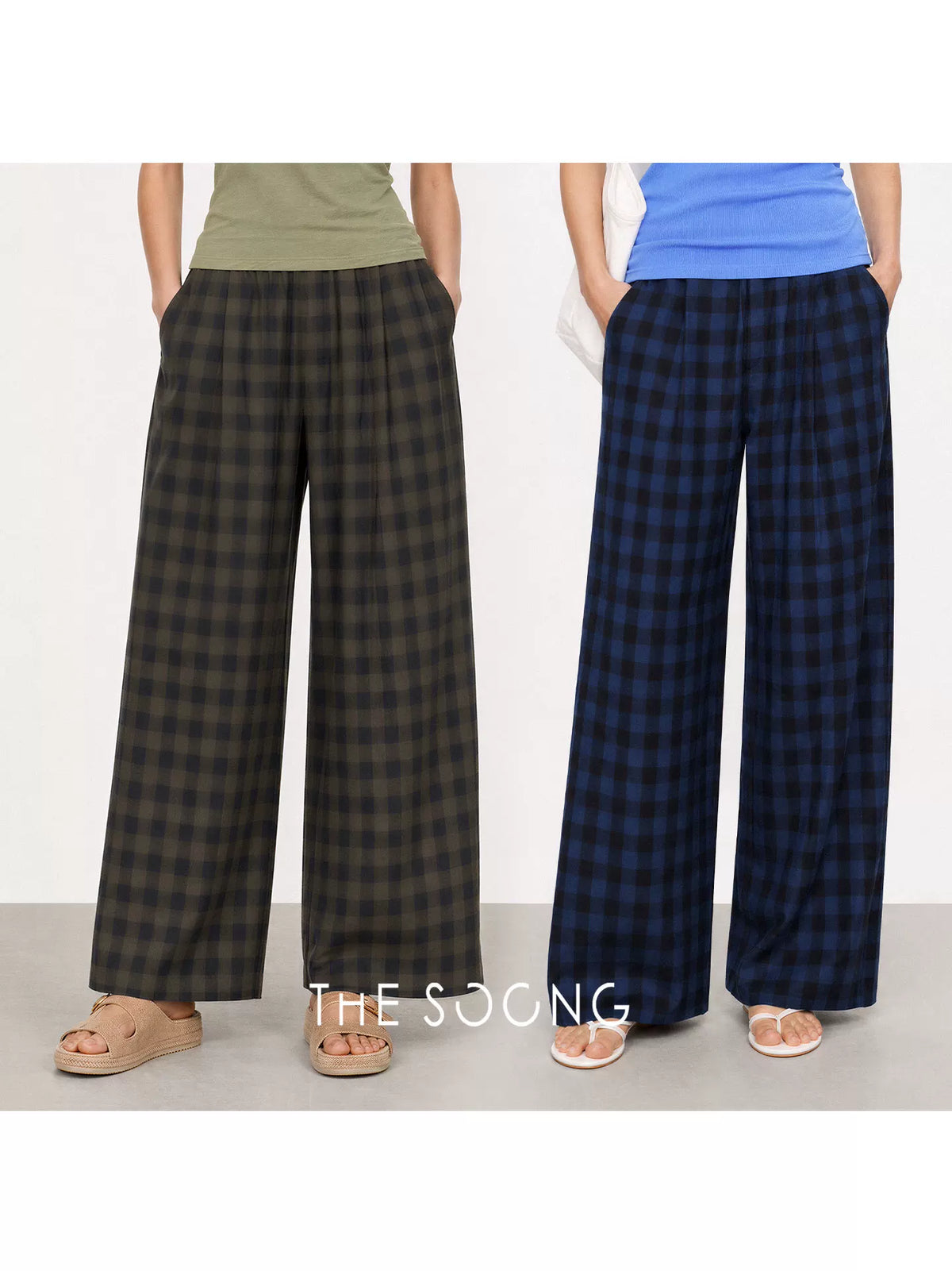 THESOONG/Breeze-Through Plaid Breathable, Dry, Non-Sticky, Hip-Concealing Slimming Nine-Point Wide-Leg Casual Pants for Women 9212