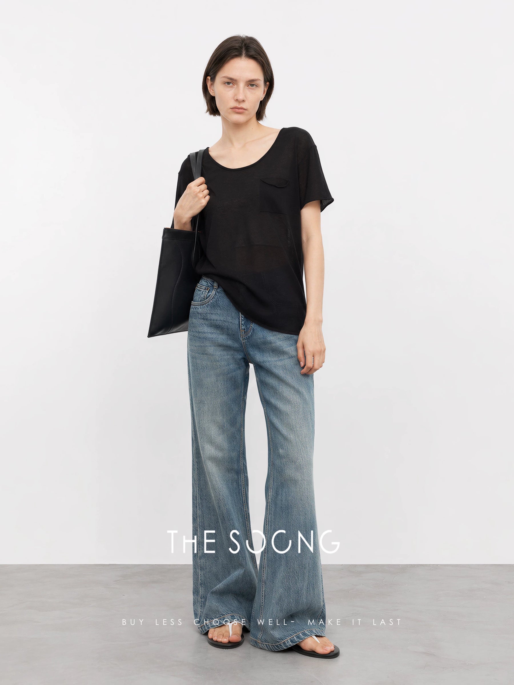THESOONG/Classic Enzyme Washed Hand-Rubbed Cat Whisker Non-Stretch Mid-Waist Flared Jeans for Women 7325