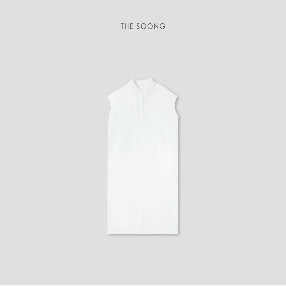 THESOONG/270g Pure Cotton Crochet Polo Collar Simple Dress for Women, Straight Loose Slim Fit HWQZ9330