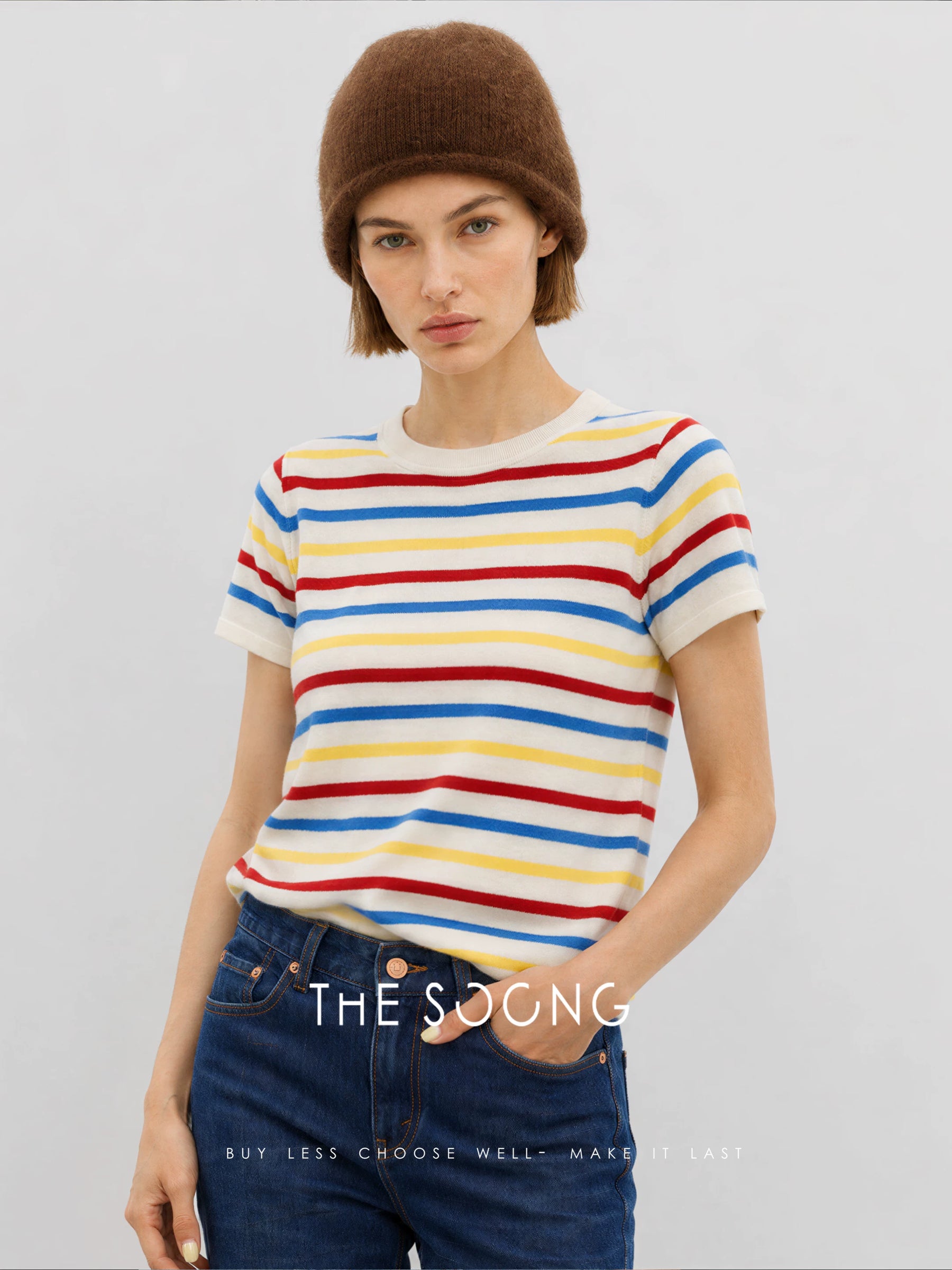 THESOONG / Rainbow Sweater Australian Imported 90% Wool High-Count Fine Knit Short Sleeve Striped Sweater for Women 9041