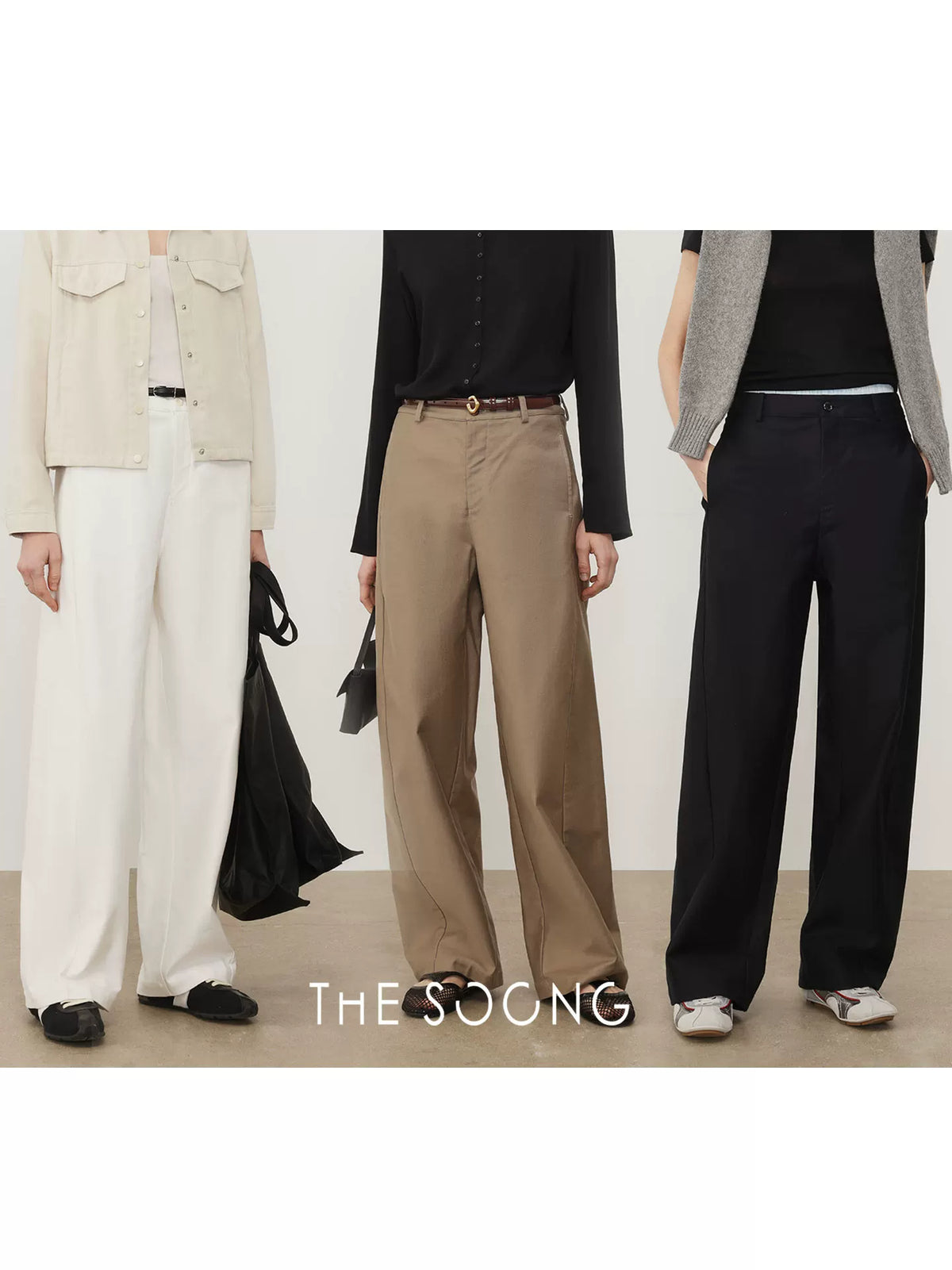 THESOONG/Simple Line Pants Relaxed Glossy Structured Draped Loose Slimming Slanted Cut Casual Trousers, Women 6882