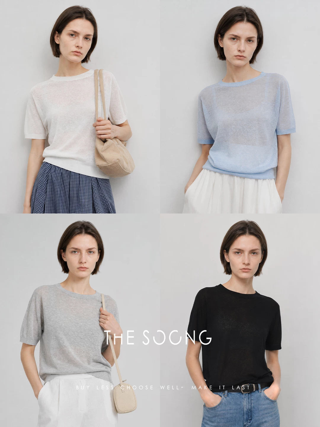 THESOONG/15-gauge high-density woven linen-cotton blend machine washable short-sleeve knit top for women, thin summer style 9405