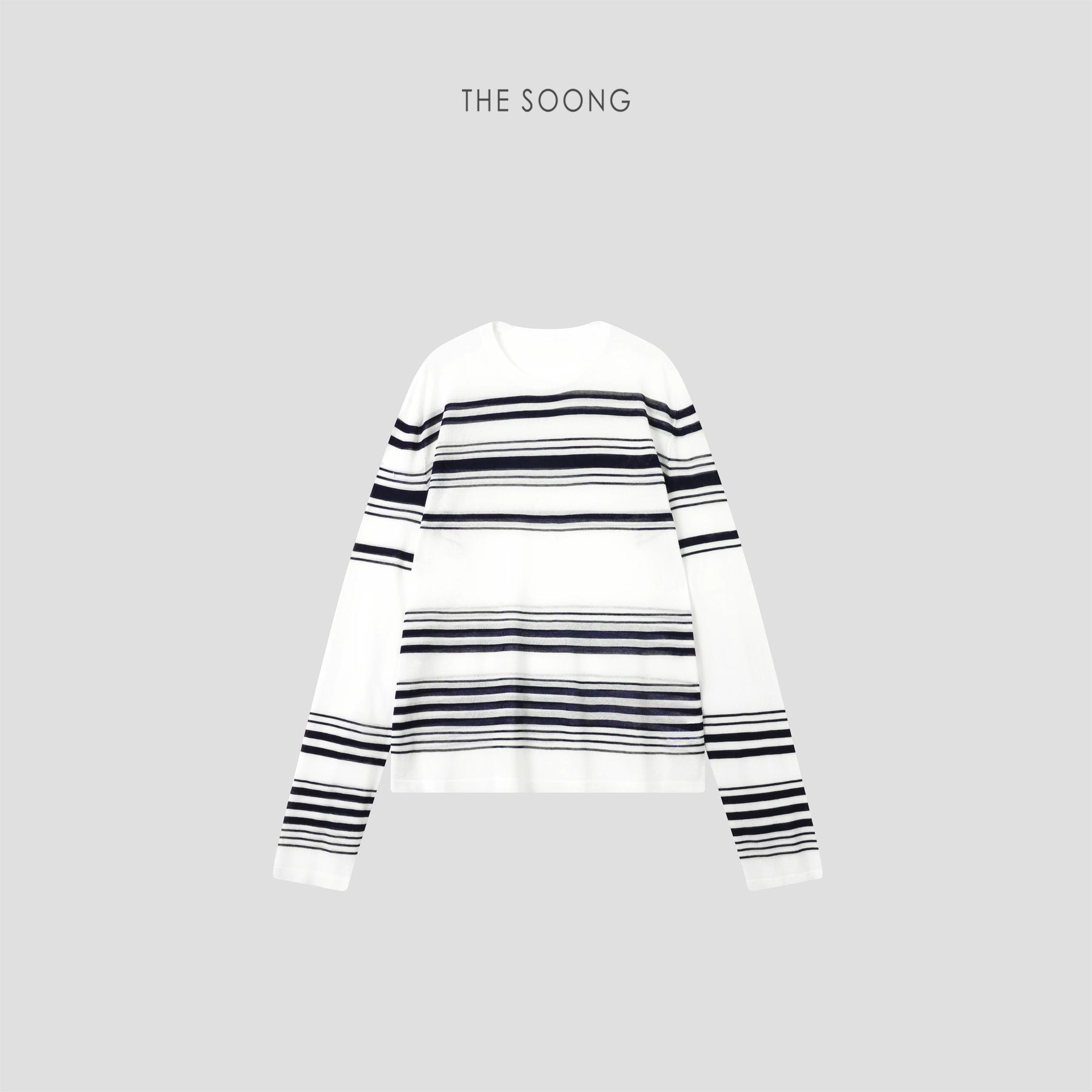 THESOONG/Light Soft Draped, Vinegar Fiber Blend Color-Block Stripe Luster Draped Round Neck Long Sleeve T-Shirt, Women 8433
