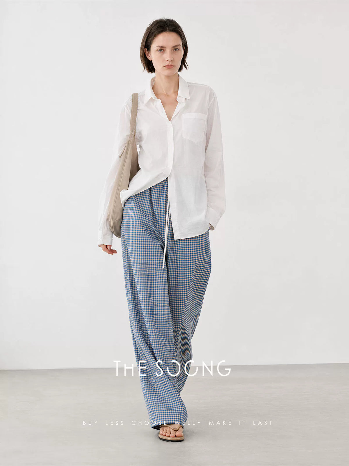 THESOONG/Blue/White Plaid Recycled Cellulose Wide-Leg Pants for Women, Summer High-Waisted Drape Pants HWKZ9372
