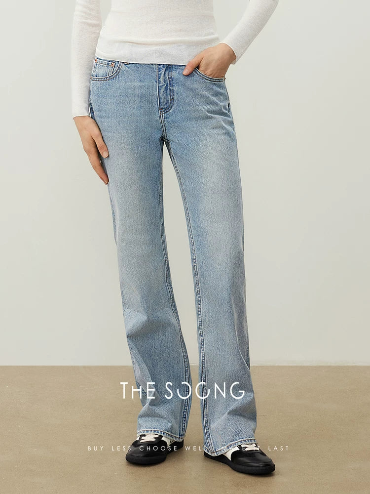 Japanese Imported Fabric (kaihara) Mid-Waist Straight Narrow-Leg Jeans for Women Casual Pants 7475