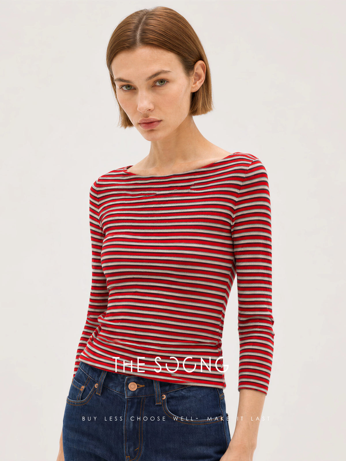THESOONG/Xiwen Selected Acetate Long-Staple Cotton High-Count Blend, Lightweight Boat Neck Striped Sweater for Women 9103