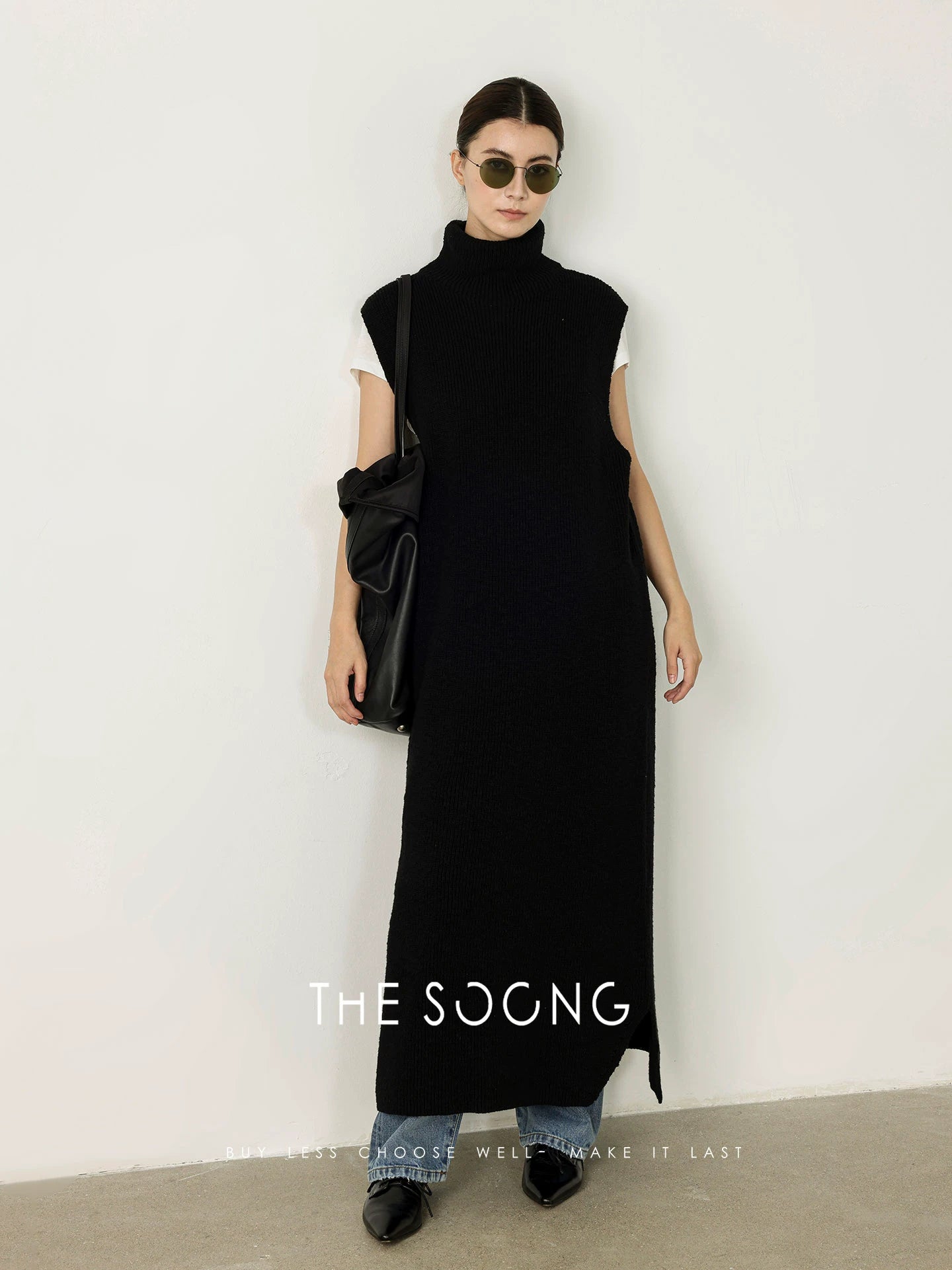 THESOONG/Autumn and Winter 100% Cotton Sleeveless Knit Dress Textured Mid-Length High-Neck Long Dress 7764