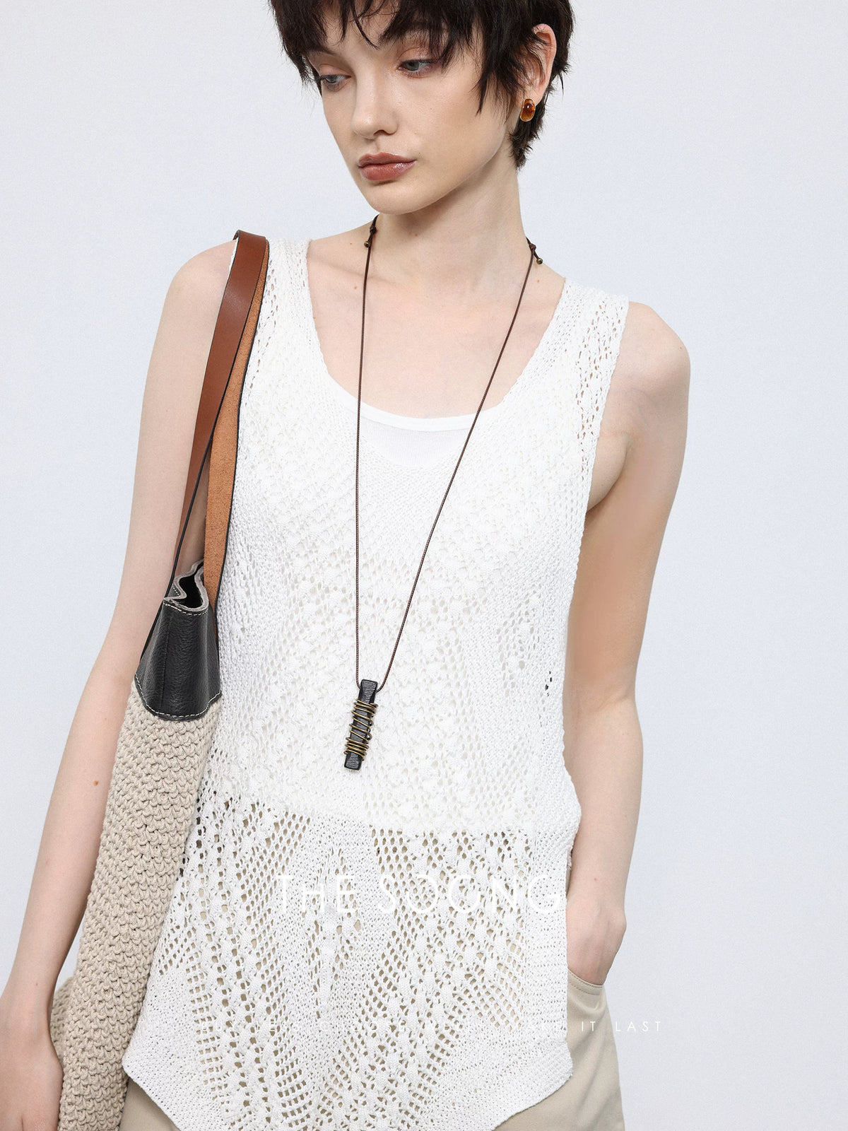 THESOONG/Hollow Aesthetic Cedar hemp yarn shell flower women's camisole 4305
