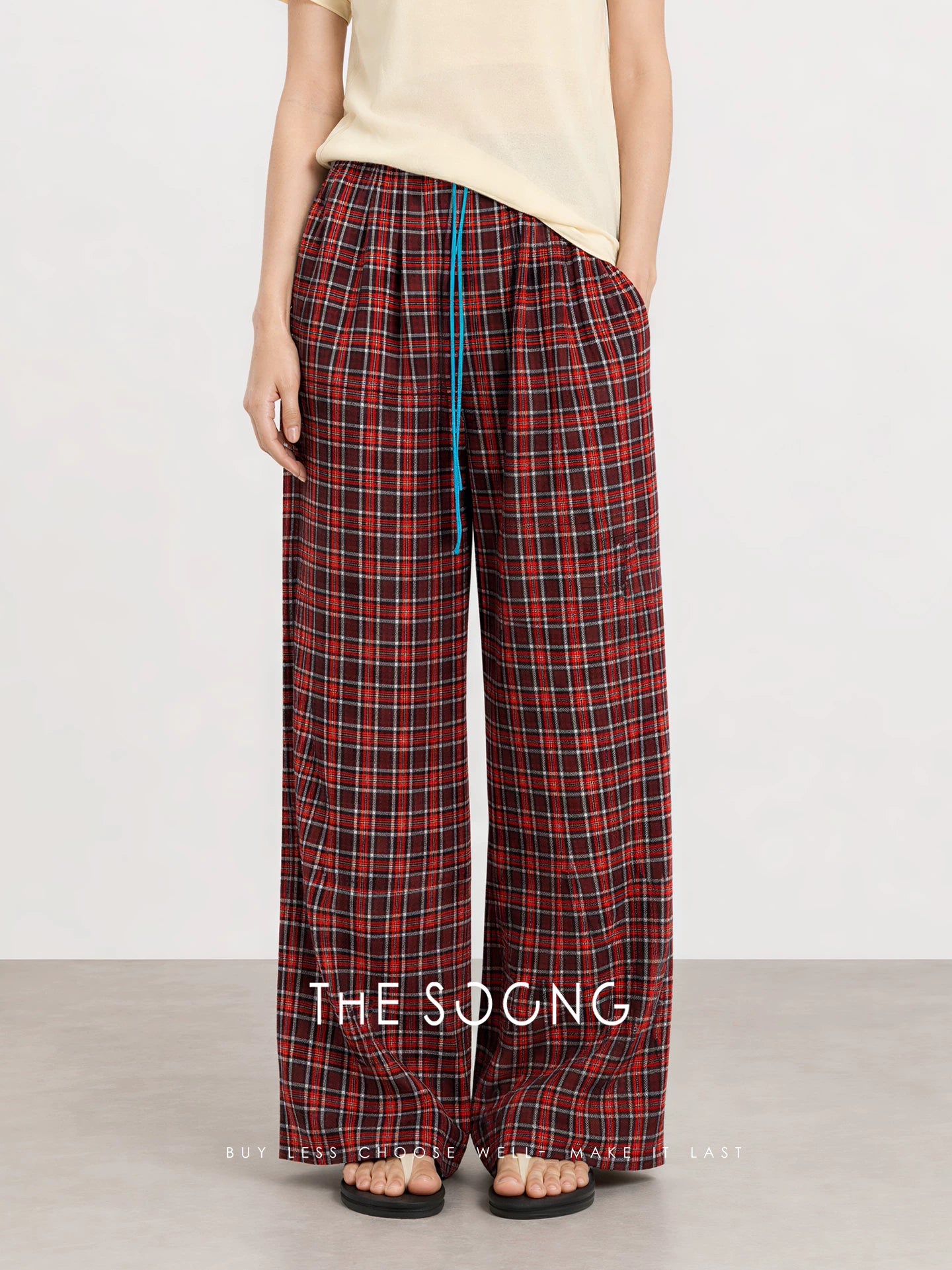THESOONG/Lazy Holiday 100% Cotton Retro Plaid Elastic Waist Drawstring Straight Casual Pants 8451