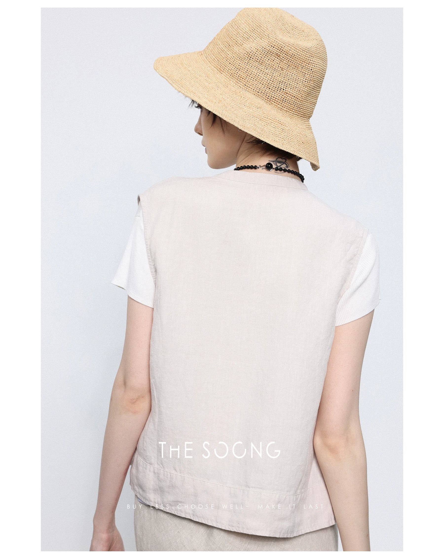 THESOONG/ Natural raffia summer sun hat purely handwoven retro holiday-style bucket hat