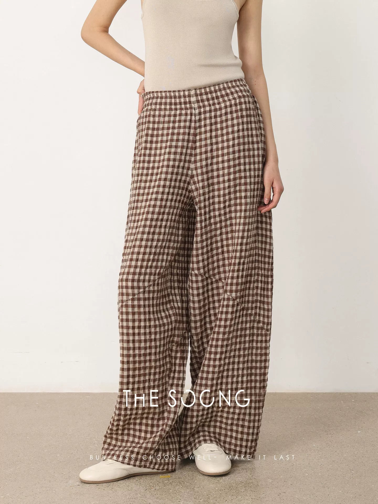THESOONG/Artistic Plaid Casual Linen Straight Leg Pants Women's Artistic Long Pants Spring HBKZ8562
