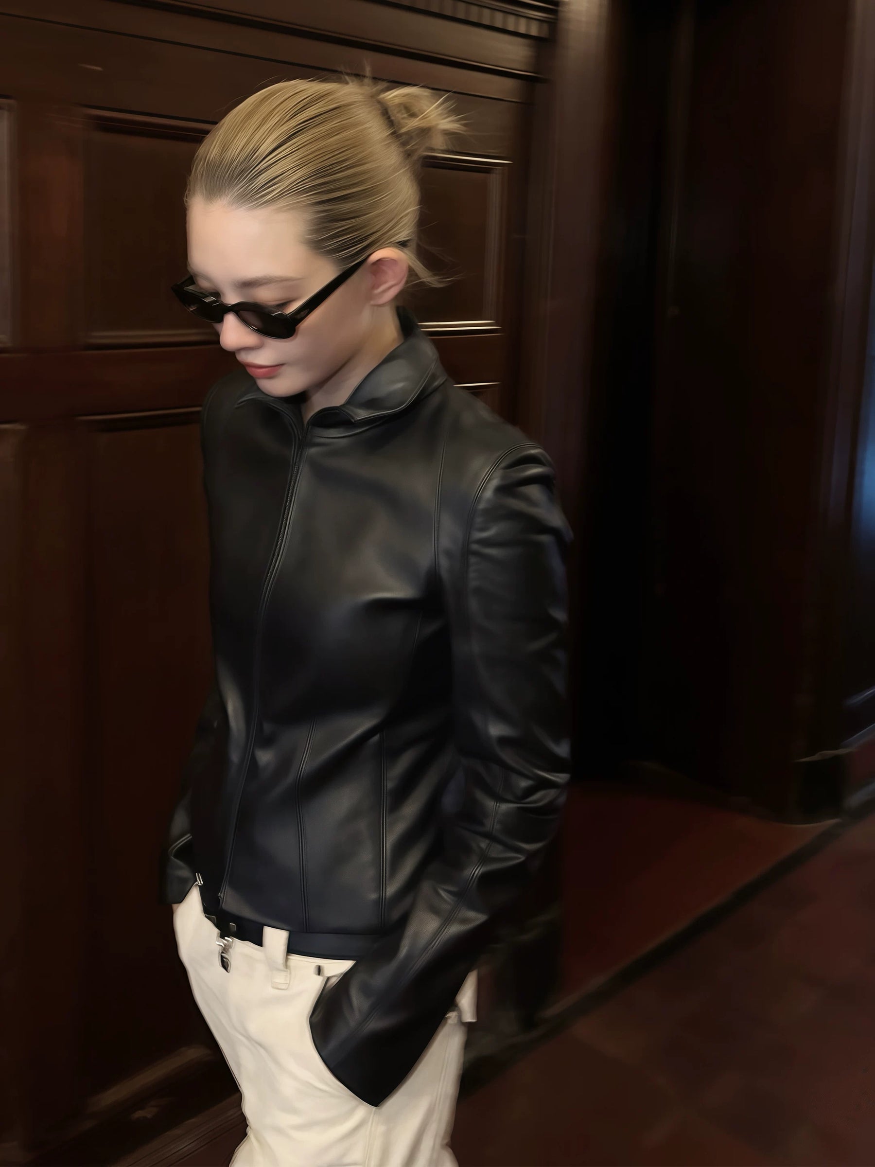THESOONG/ Millennium, UK Imported Pure Black Sheepskin Stand Collar Short Fitted Women's Leather Jacket 9299