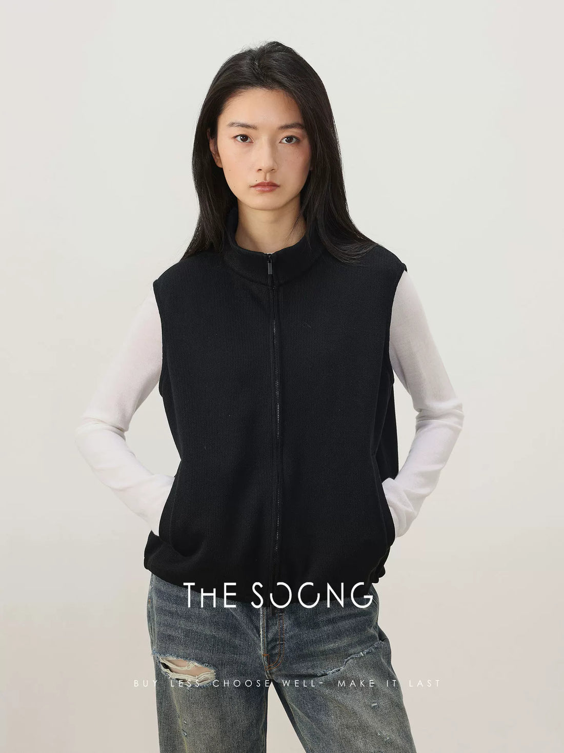 THESOONG / Spring Layering Vest Women's Fashion Chic Sleeveless Zip-up Half-high Collar Petite Vest 8259
