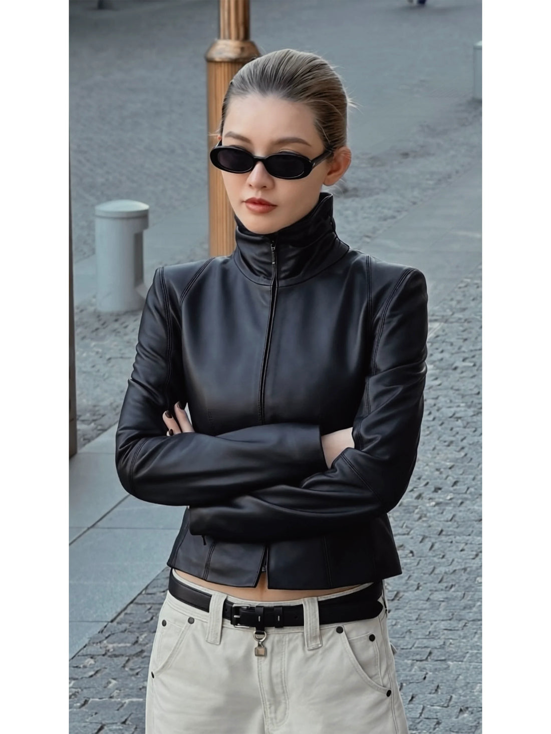 THESOONG/ Millennium, UK Imported Pure Black Sheepskin Stand Collar Short Fitted Women's Leather Jacket 9299