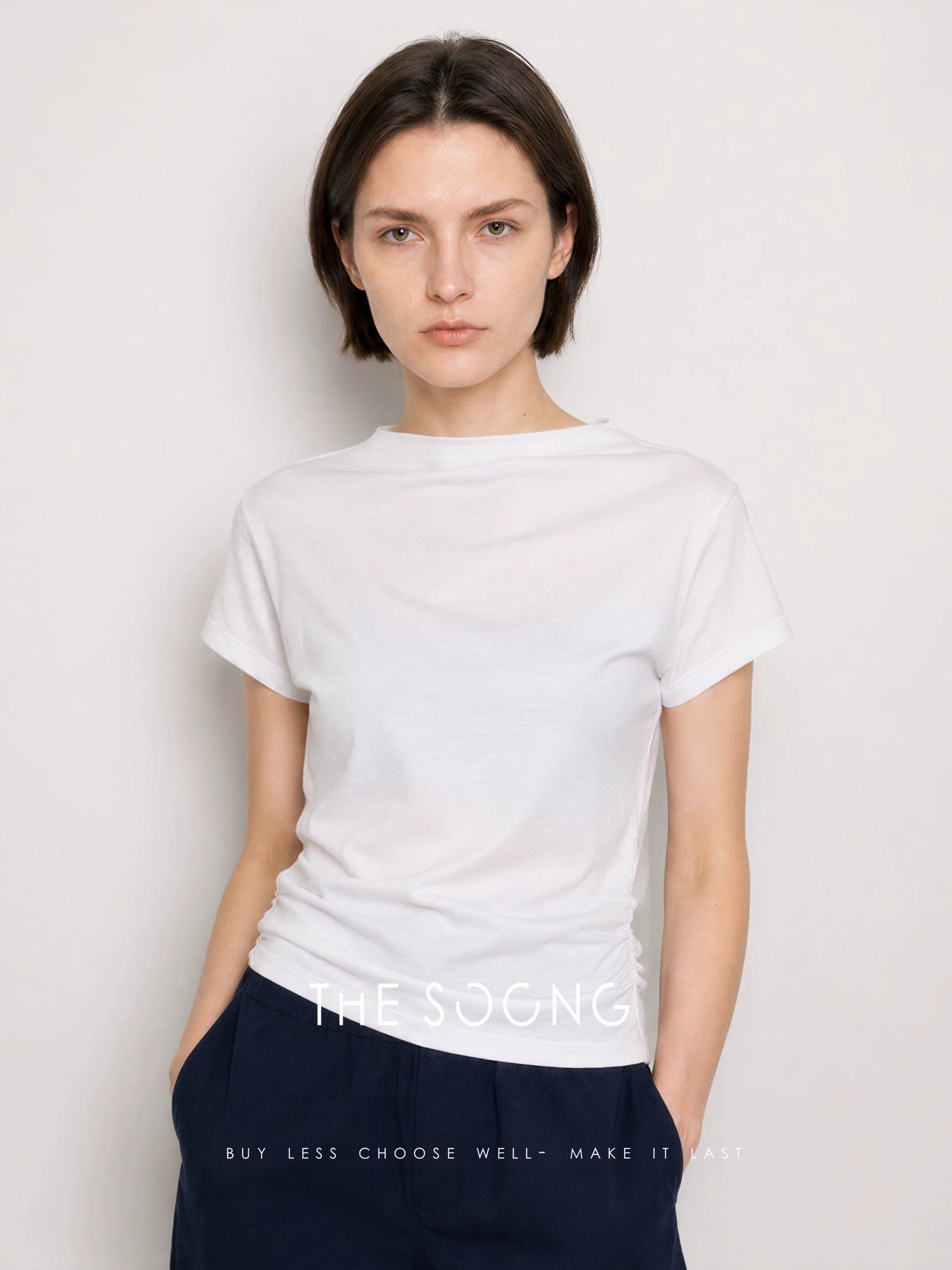 THESOONG/Graceful Light Elegance Lyocell Natural Soft Gathered Waist Small Boat Neck Short Sleeve T-Shirt for Women 8539