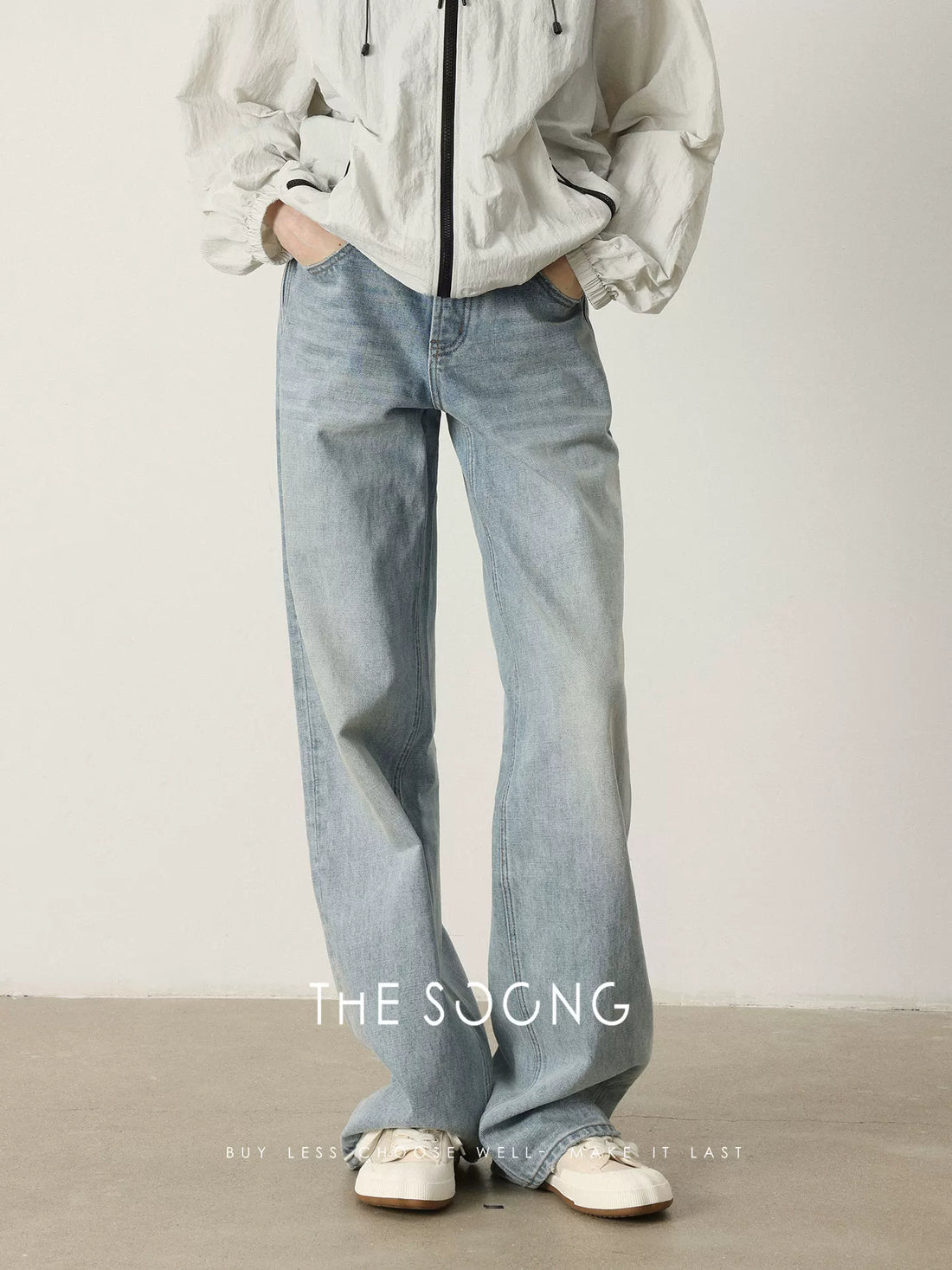 THESOONG/直筒牛仔裤女新款浅蓝色14.9安挺阔水洗压皱长裤6940