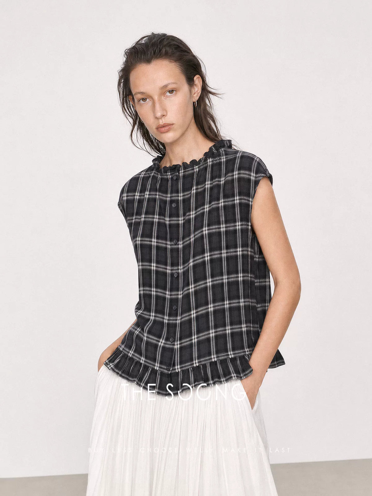 THESOONG/Yarn-Dyed Plaid Summer 100% Pure Cotton Wrinkled Split Double-Sided Vest Top for Women 9215