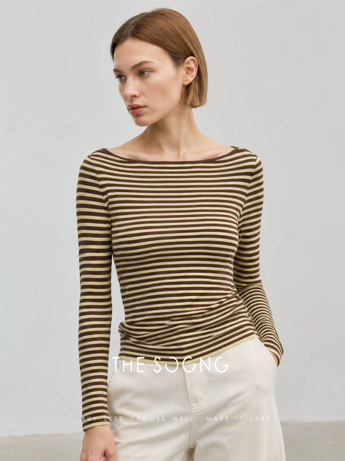 THESOONG/Xiwen Selected Acetate Long-Staple Cotton High-Count Blend, Lightweight Boat Neck Striped Sweater for Women 9103