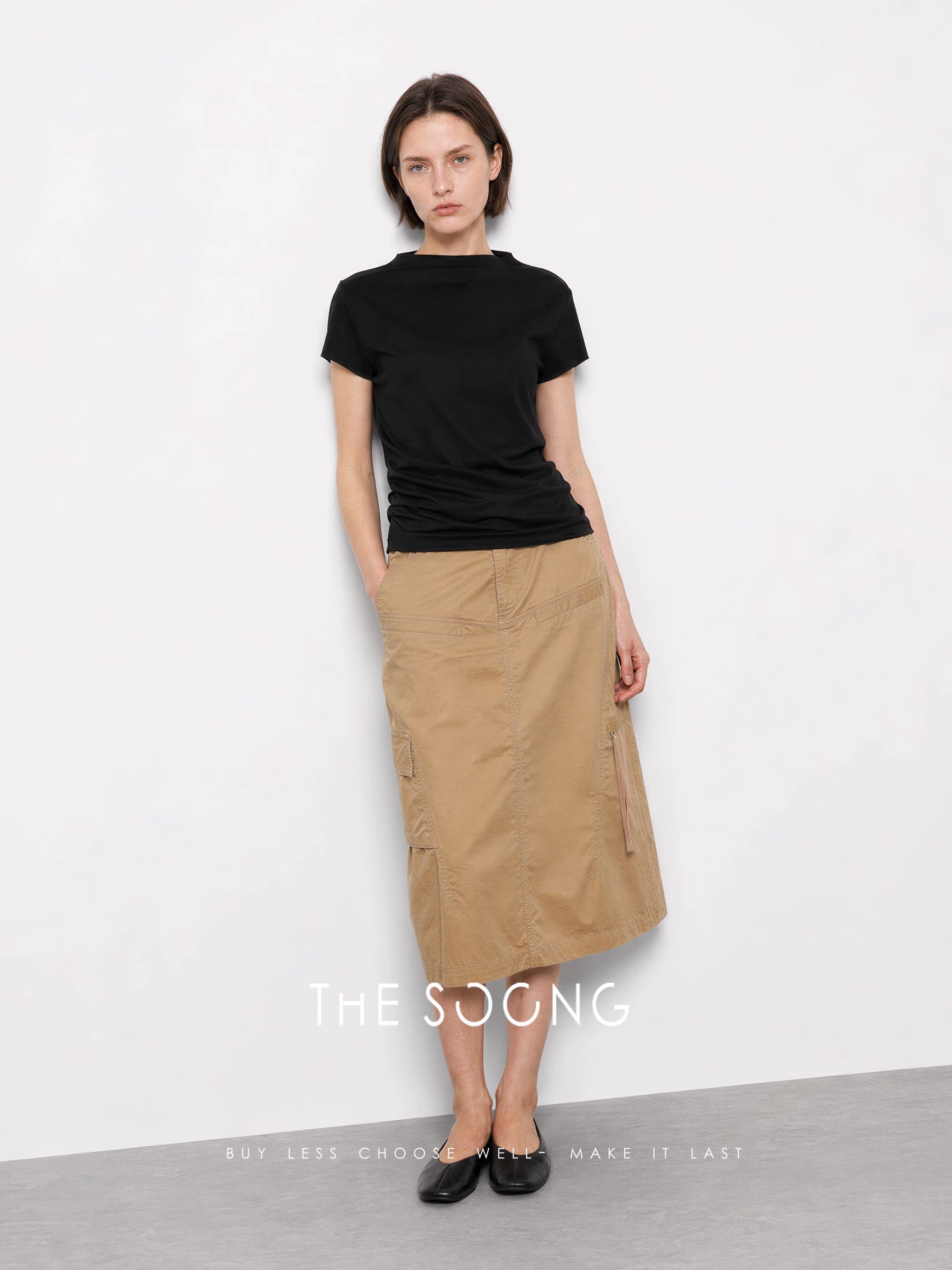 THESOONG/Soft Mist Workwear 100% Cotton Six-Pocket Functional Belted Mid-Length Straight Skirt 8957