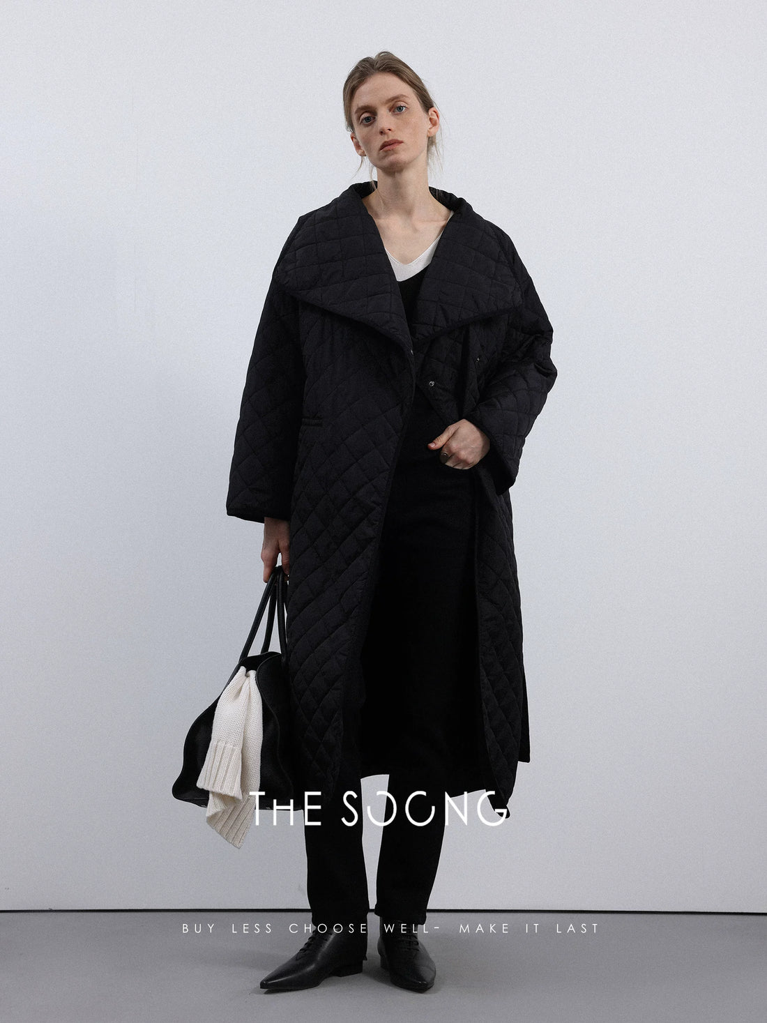 [Clearance] TT Home Minimalist Linear Classic Quilted Cotton Jacket Autumn/Winter Warm Versatile Black Long Coat