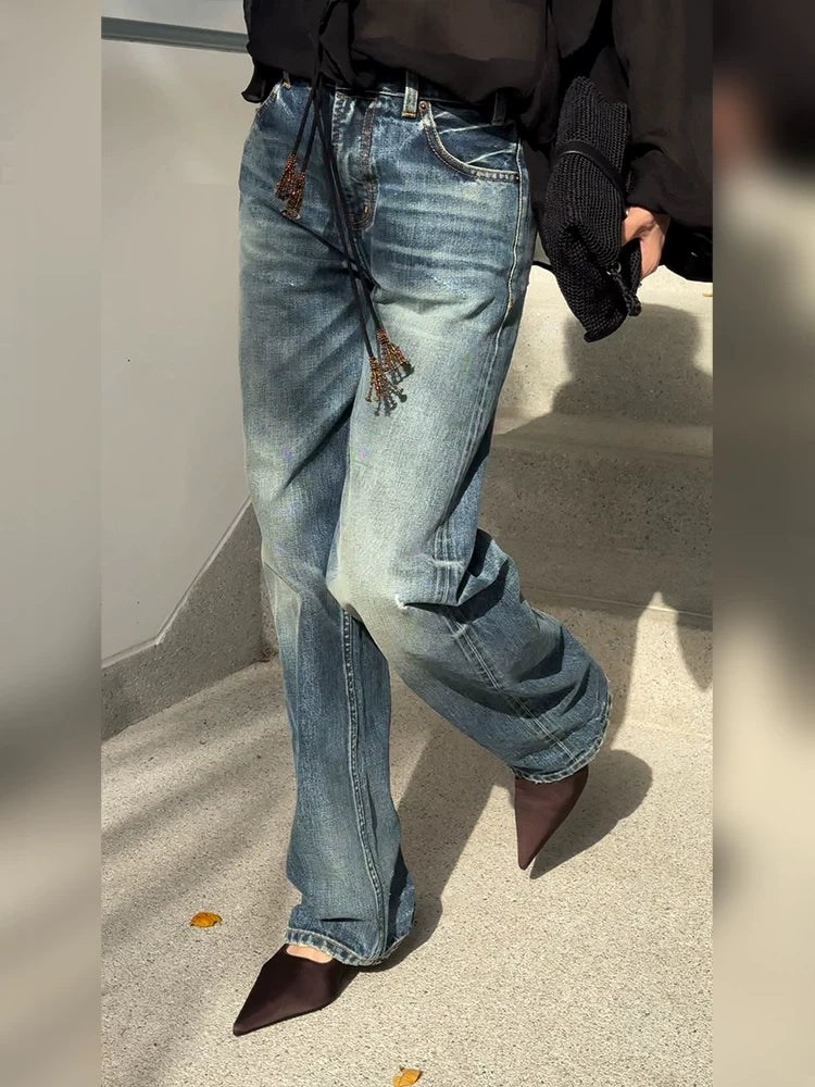 THESOONG/Red Selvedge Denim Autumn Retro Twill Texture Enzyme Wash Softened Mid-Low Waist Straight Jeans for Women