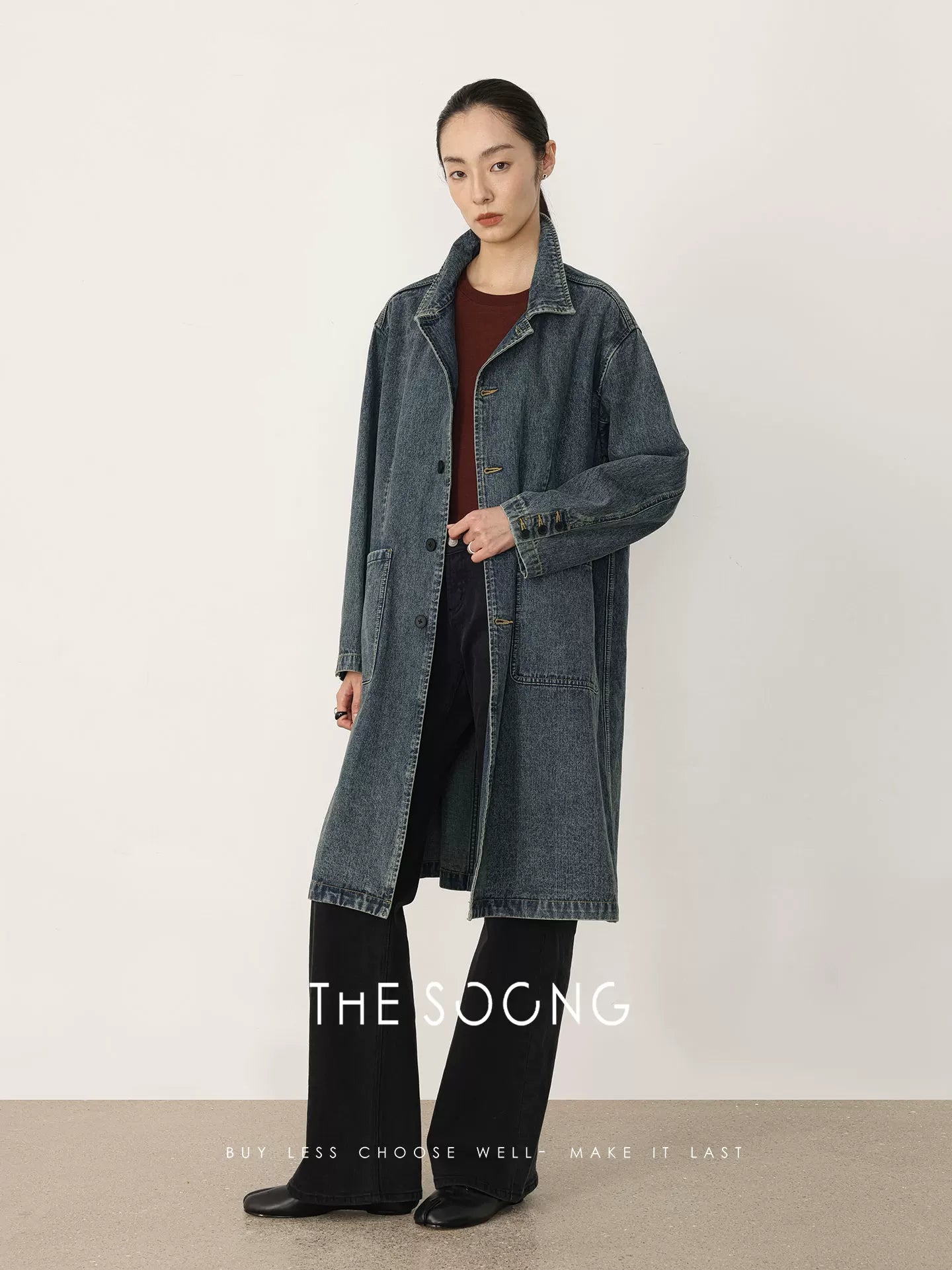 THESOONG/Spring New Long Over-the-Knee Denim Jacket Women Loose Fit Slimming Long Sleeve HBNZ8363