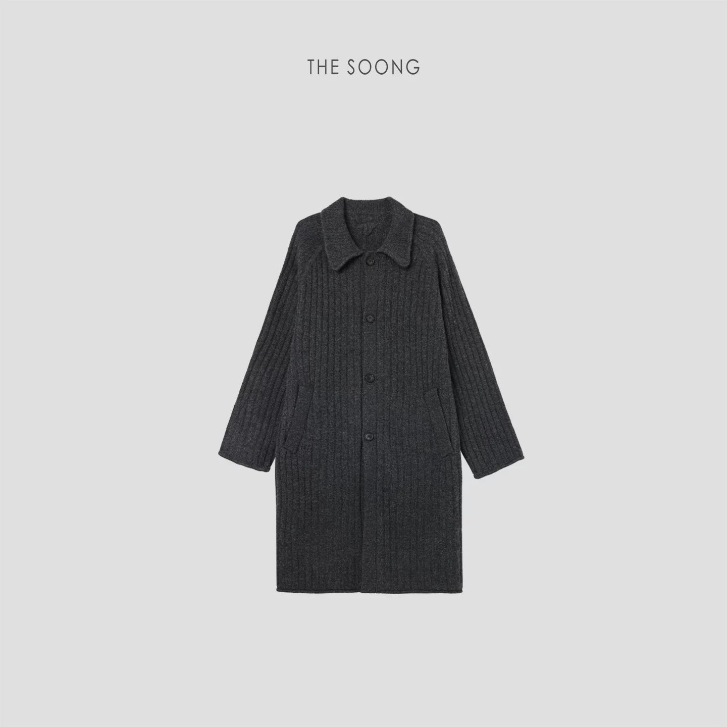 THESOONG/100% Basuran Wool Knit Long-Sleeve Cardigan Women's Mid-Length Trench Coat, Minimalist Outerwear 7526