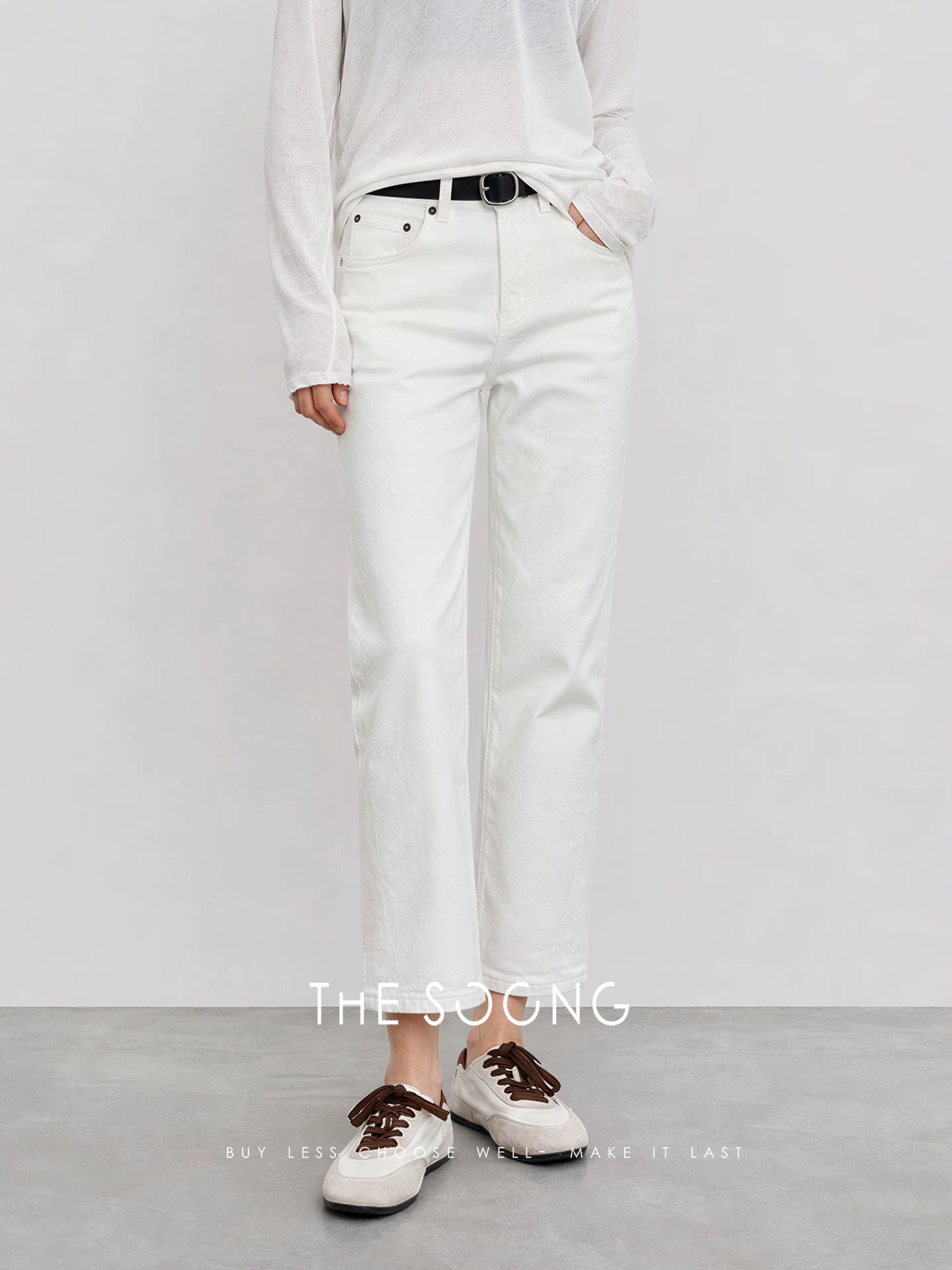 THESOONG/Anti-yellow White Jeans Women Straight-cut Nine-point Pants Breathable Slightly Stretch Slim Little White Pants 6364