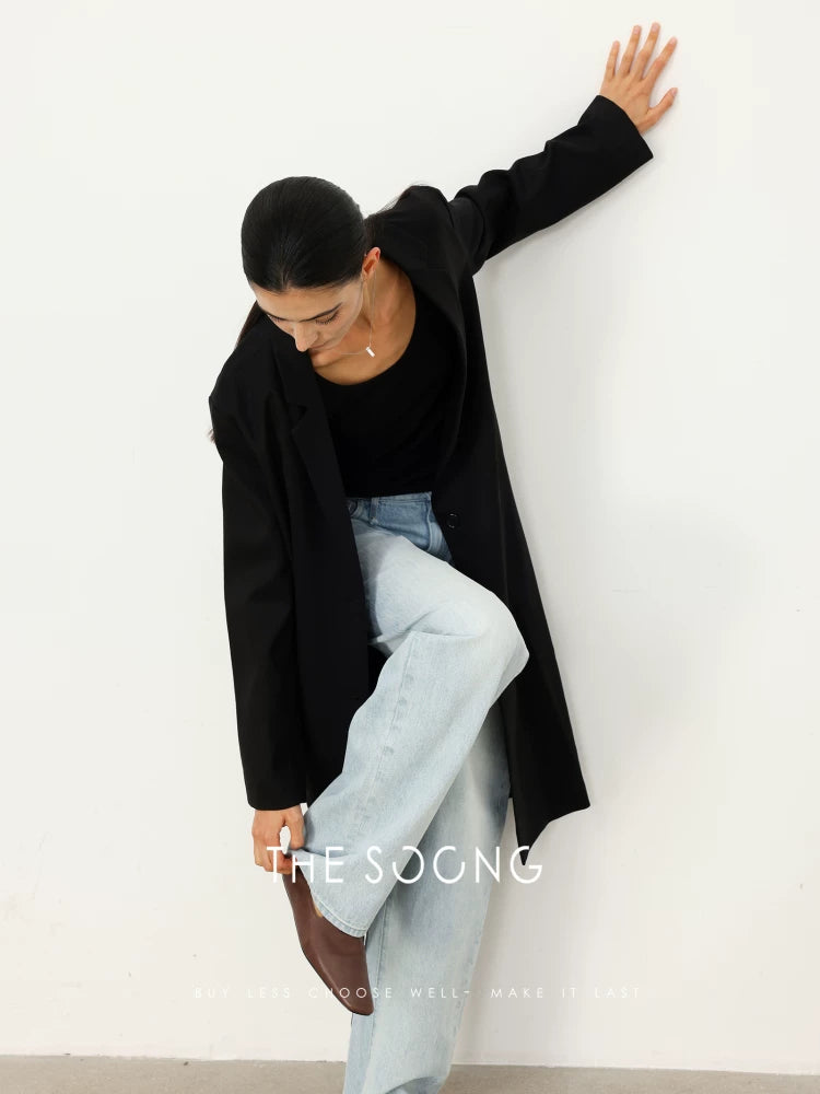 THESOONG/Back as Thin as Paper Acetate Blend 330G Classic Structured Glossy Suit-Style Trench Coat 5179