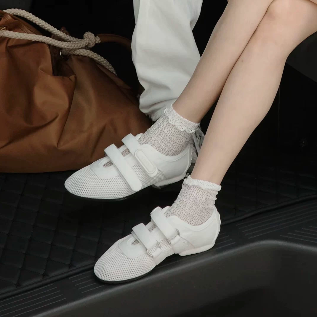 THESOONG/Super Soft Mesh Shoes Classic Leather Breathable Mesh Velcro Flat Casual Shoes for Women 7224