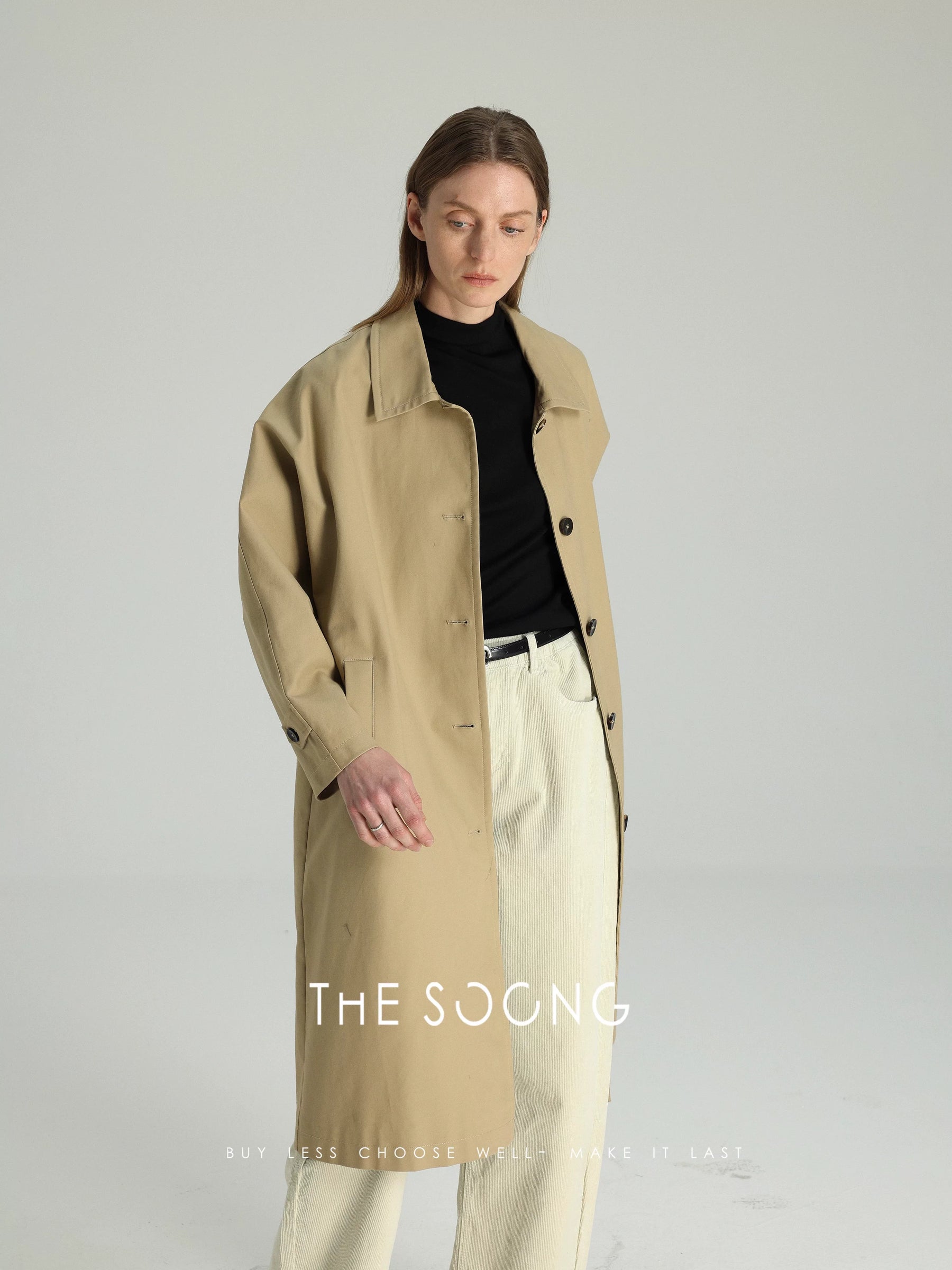 THESOONG / Old Milan 365g Woven Fabric Long Trench Coat Simple Horn Button Khaki Coat