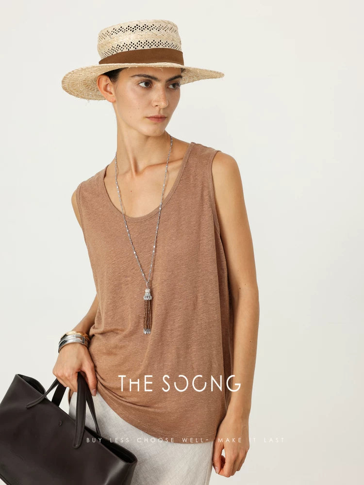 THESOONG/Foggy Light Gauze Summer Pure Linen Lightweight Breathable Texture U-Neck Thin Women's Vest 6826
