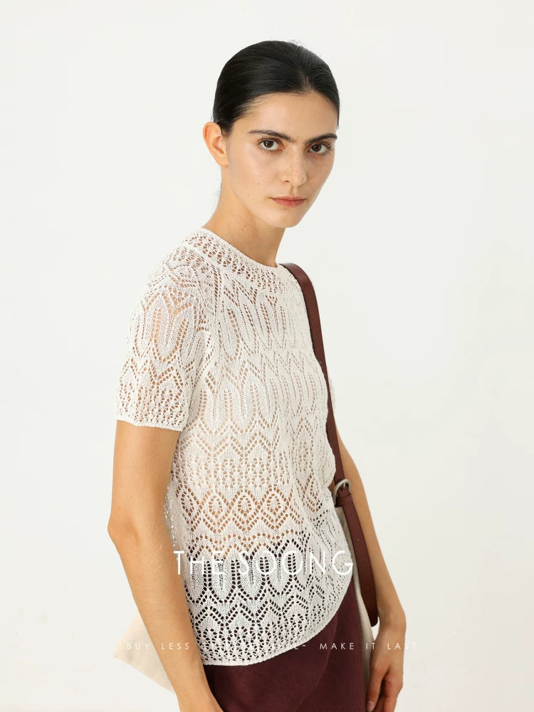 THESOONG/Lace and Paper Shirt Classic Interpretation Hollow-Stitch Structured Round Neck Thin Short Sleeve T-Shirt Top 6895