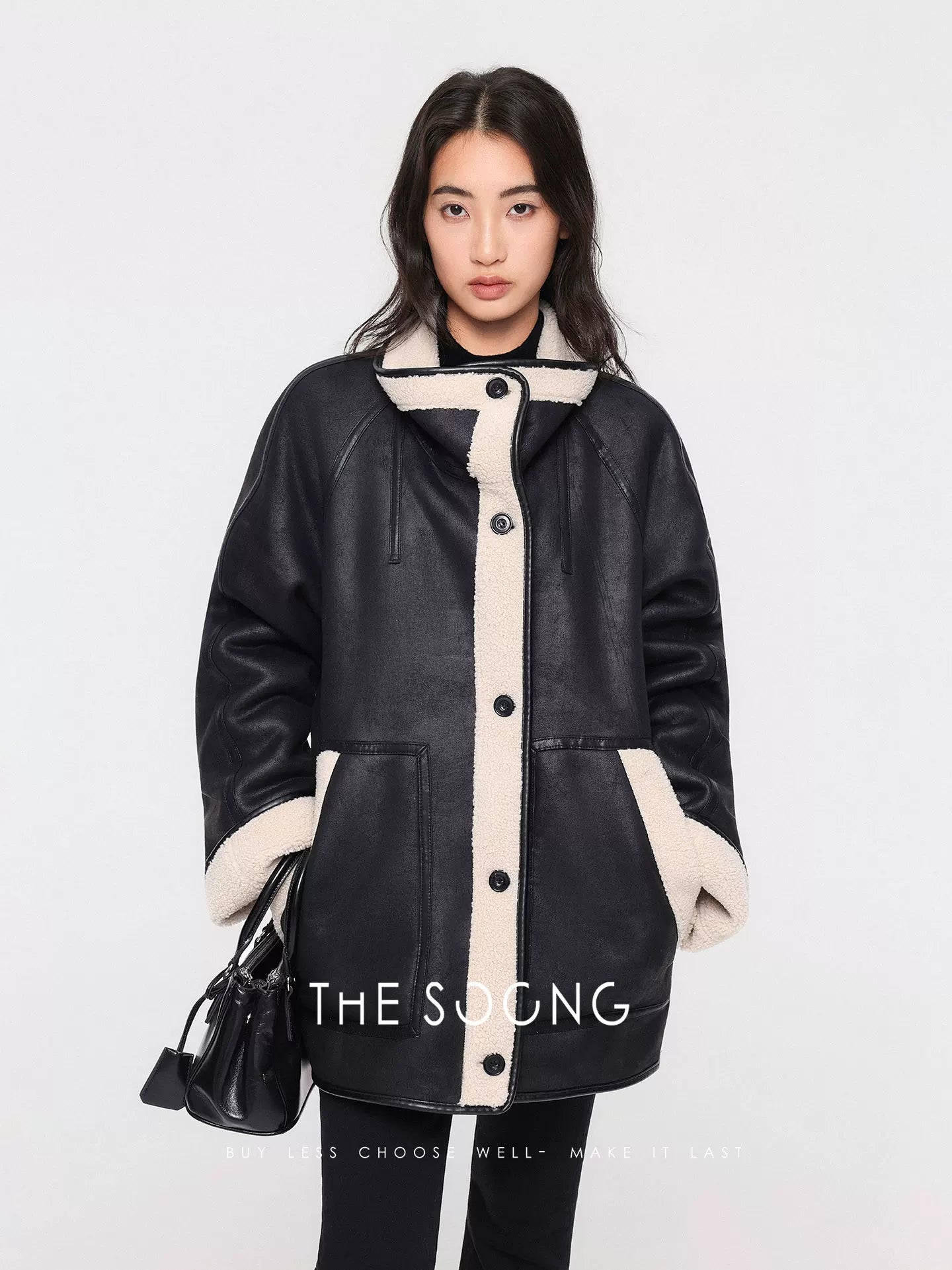 THESOONG/Crisp contours vintage high-density heat-locking leather textured hand-stitched toggle coat 7808
