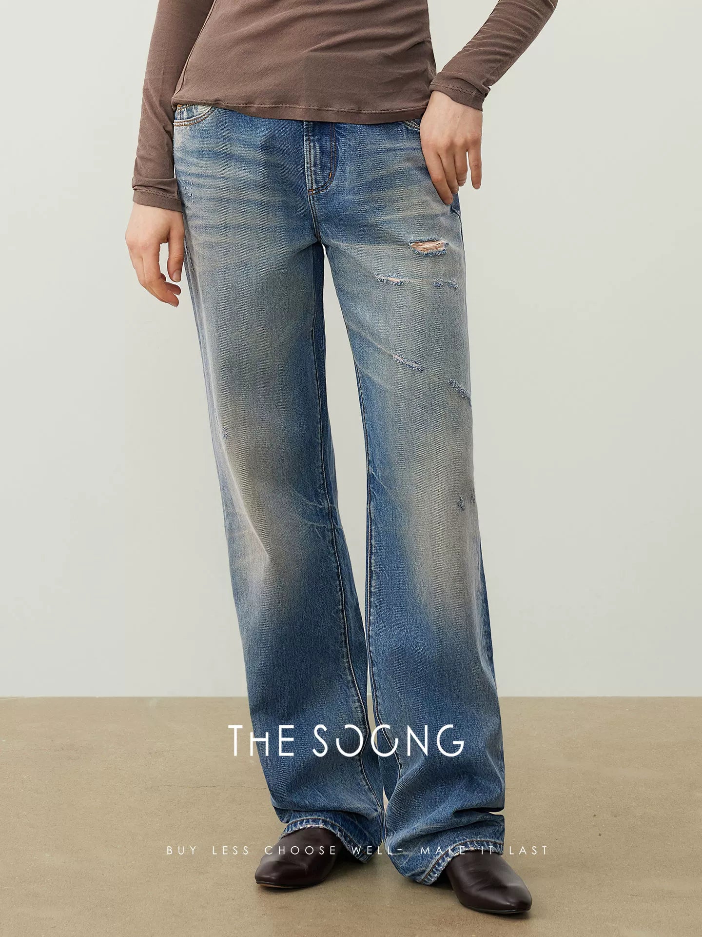 THESOONG/Medieval Distressed Vintage Straight-Leg Jeans Women's Washed Matte White, Non-Stretch Pants HBNZ7473