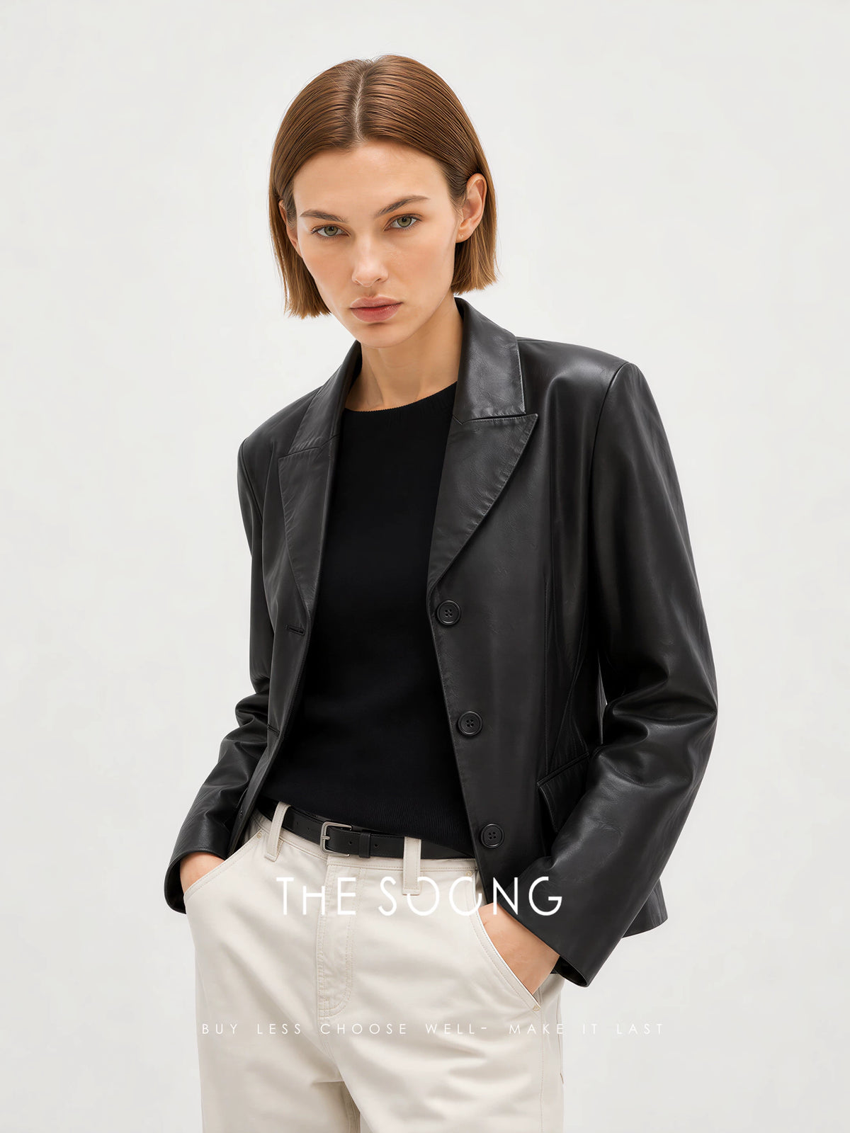 THESOONG/Kendall Jenner Leather Jacket Matte Texture Lambskin Black Single-Breasted Blazer Collar Short Leather Jacket, Women 9304