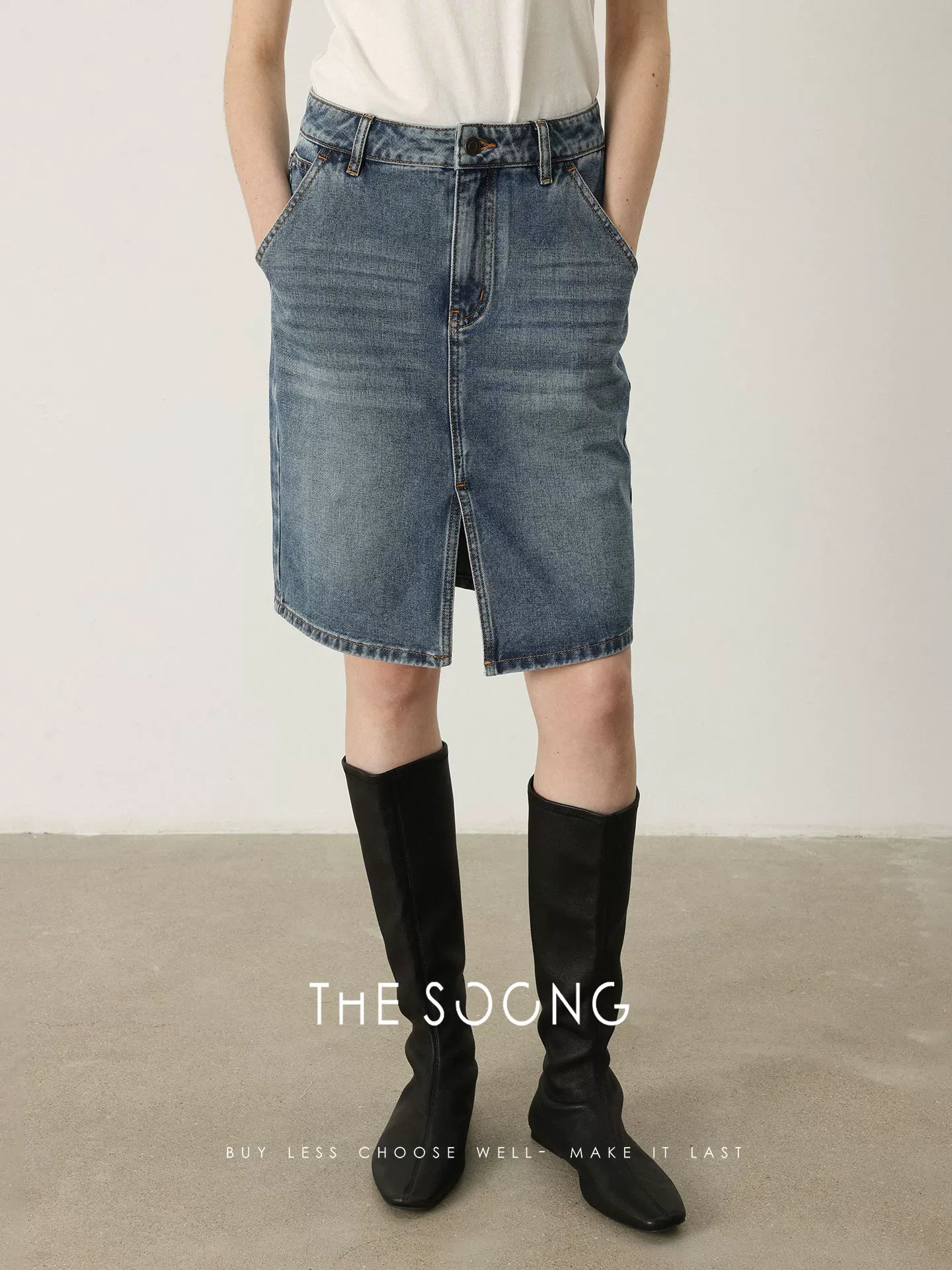 THESOONG/Natural Denim Lightweight 11.3oz Washed Faded Texture Retro Denim Skirt 6843