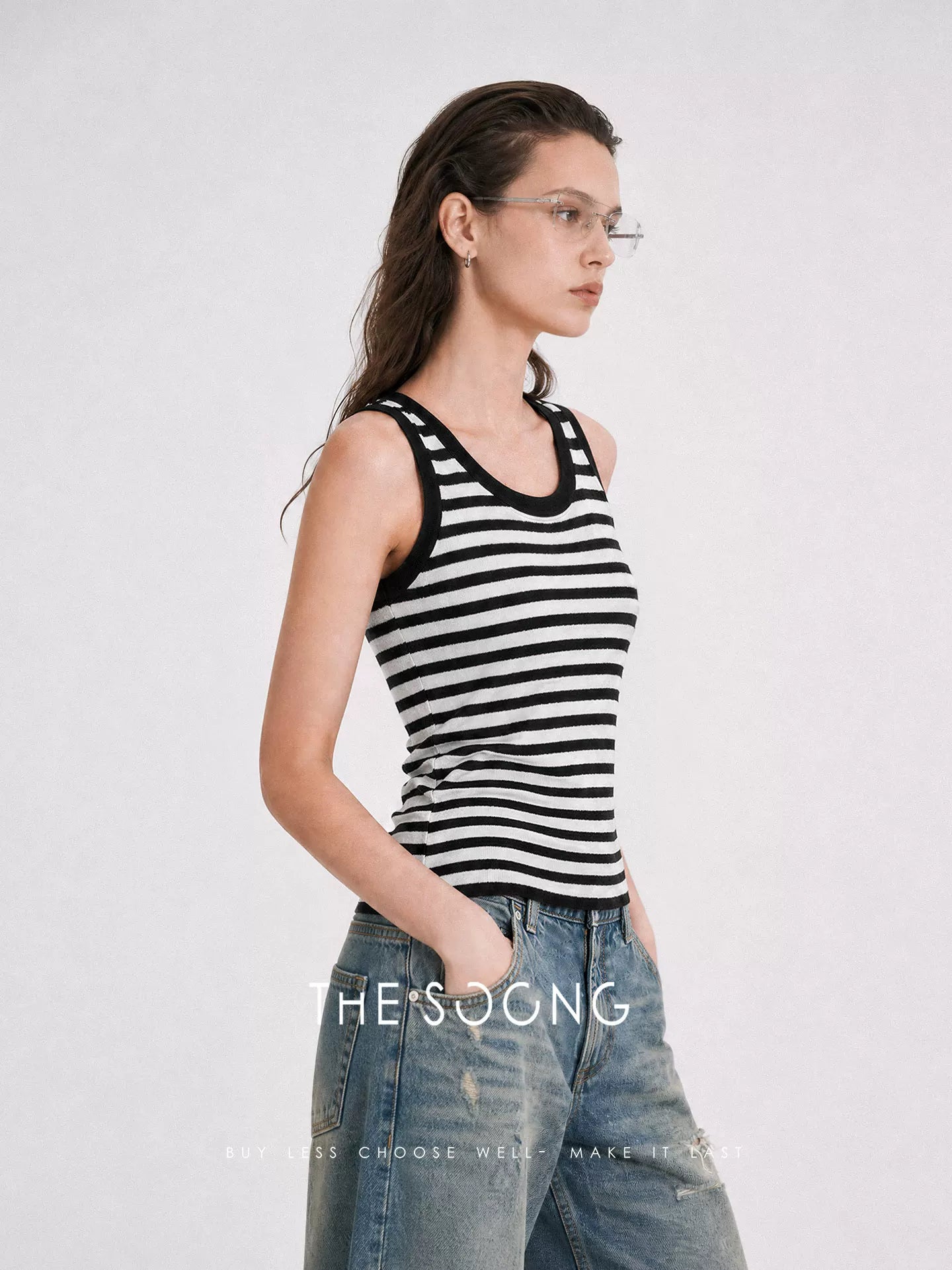 THESOONG/Refreshing Summer Color-Blocked Edged Anti-wrinkle Wrinkle-Free Striped Casual Sleeveless Tank Top 7376
