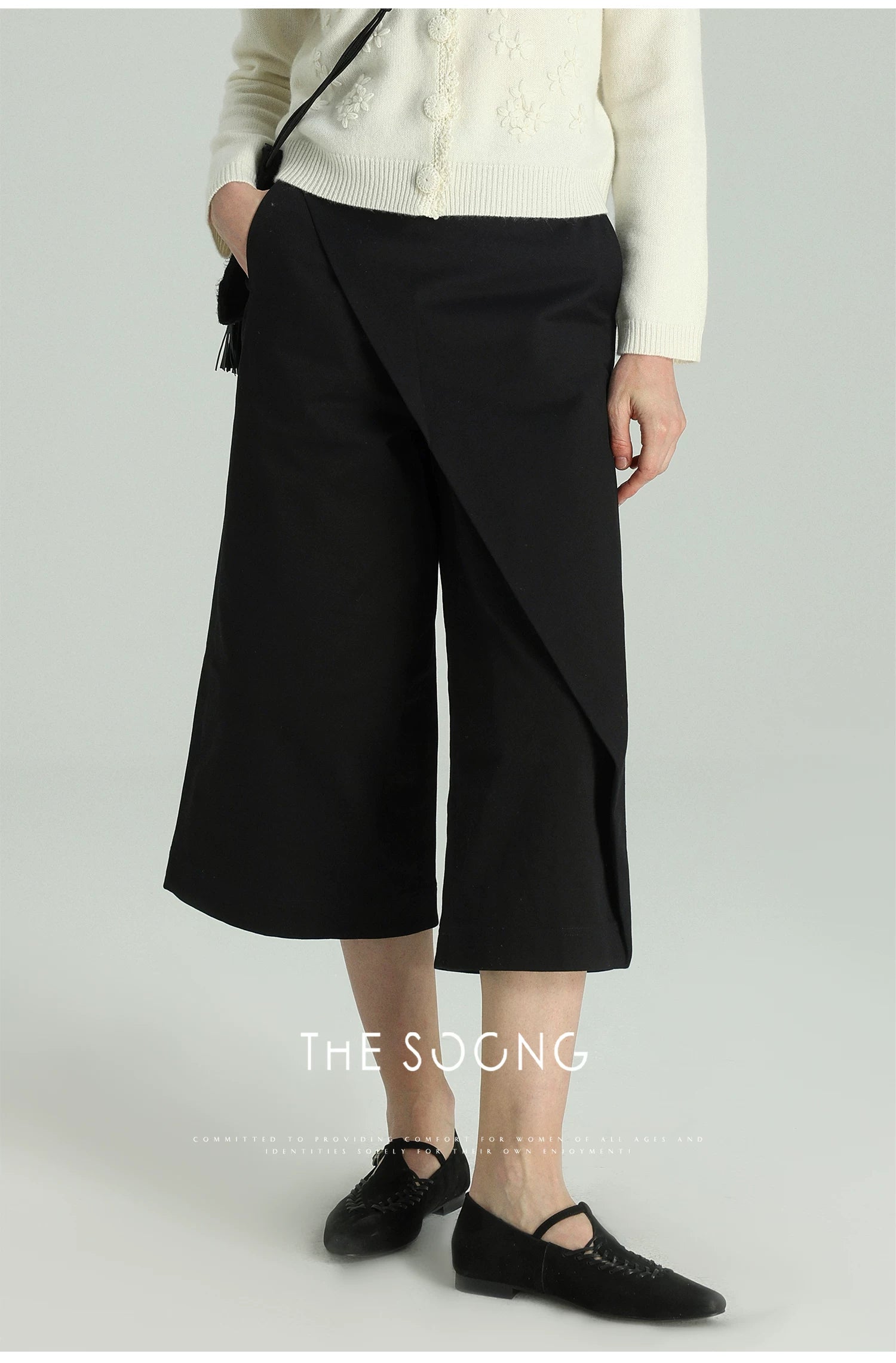 【Clearance 3】Yamamoto Pants Spring/Summer 100% cotton classic black irregular A-line cropped wide-leg pants 6478