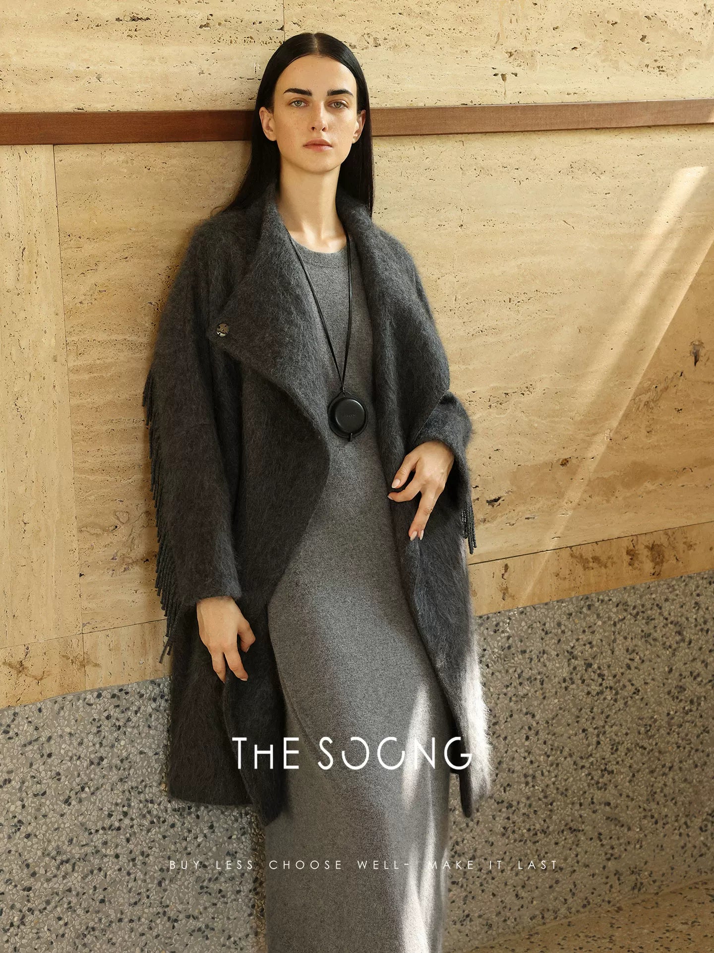 THESOONG/Sheepskin Three-quarter Sleeve Minimalist Lazy Stylish Structured T-Shirt Dress Mid-Length Loose 7510