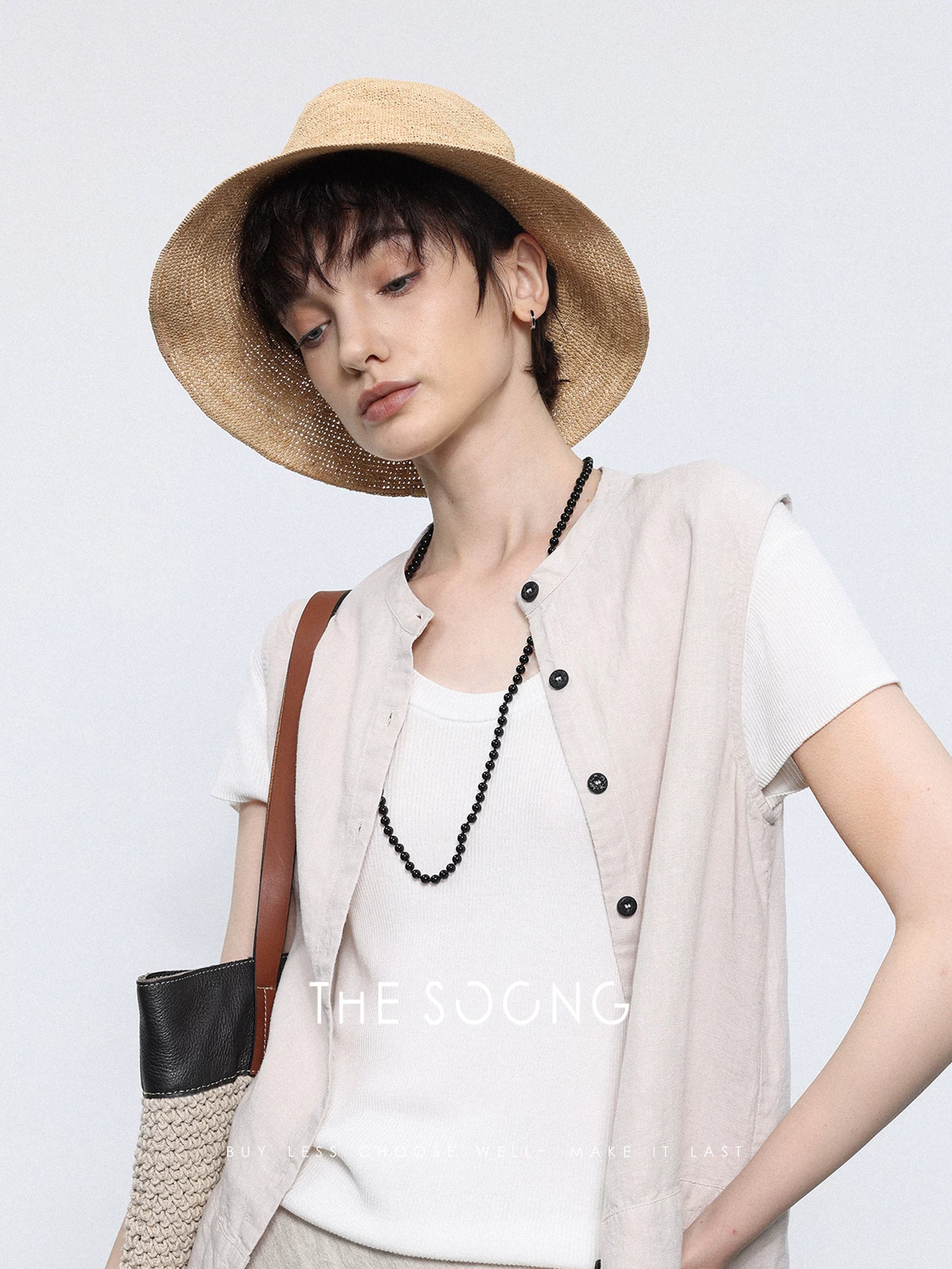 THESOONG/ Natural raffia summer sun hat purely handwoven retro holiday-style bucket hat