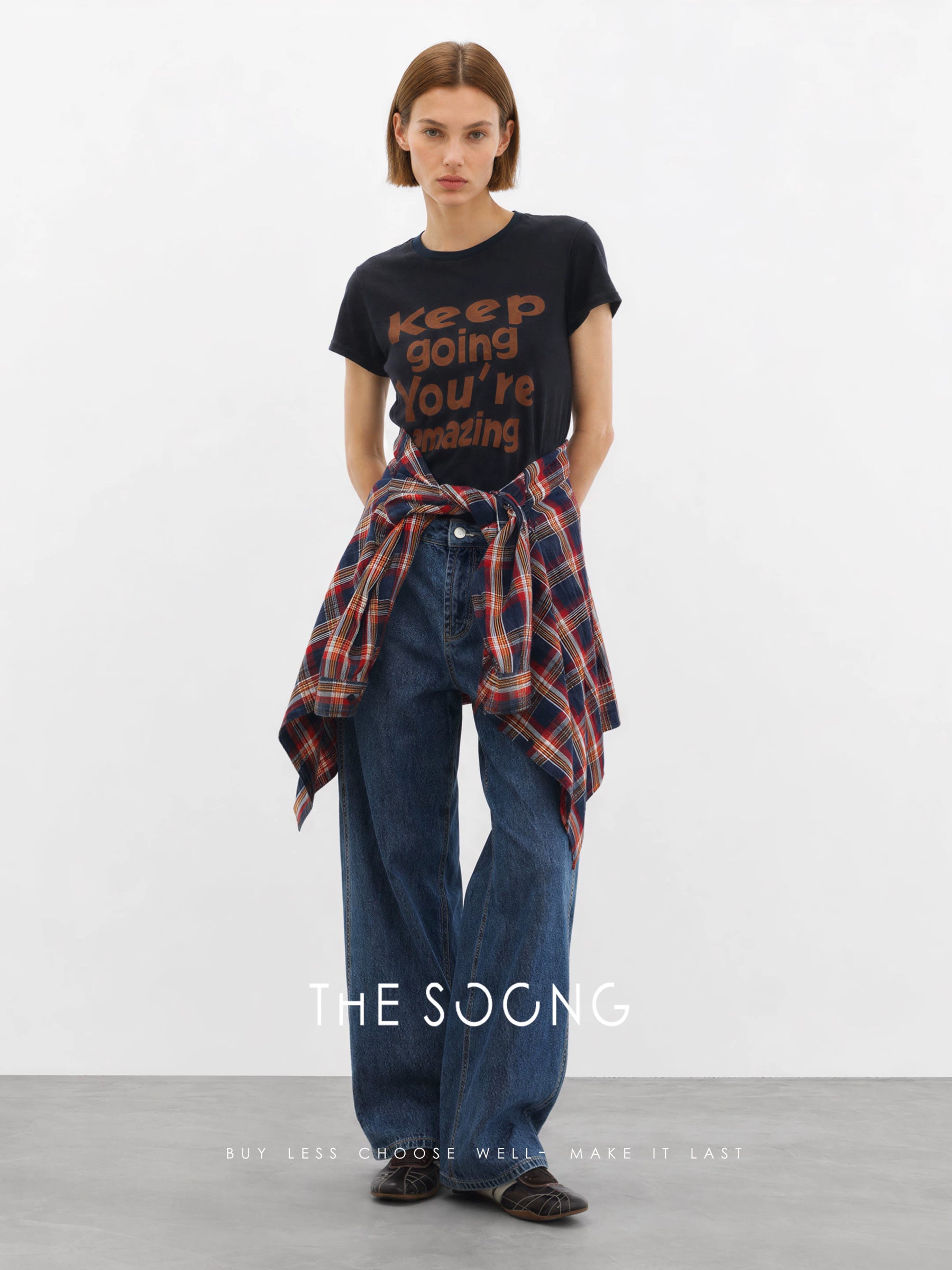 THESOONG/Relaxed Statement Cotton-linen blend color-contrast topstitched short round-neck T-shirt 8807